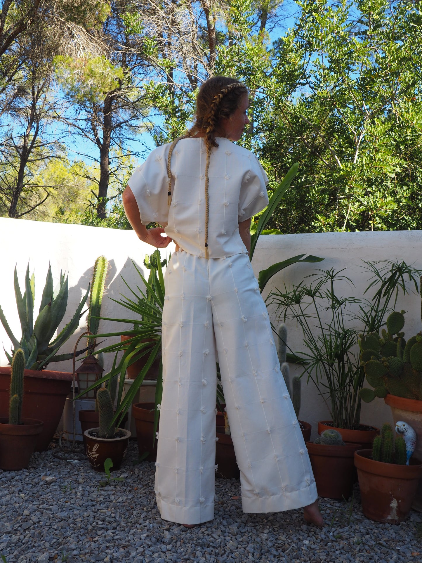 Creamy, white woven 2 piece wide leg pant and top set up-cycled by Vagabond Ibiza