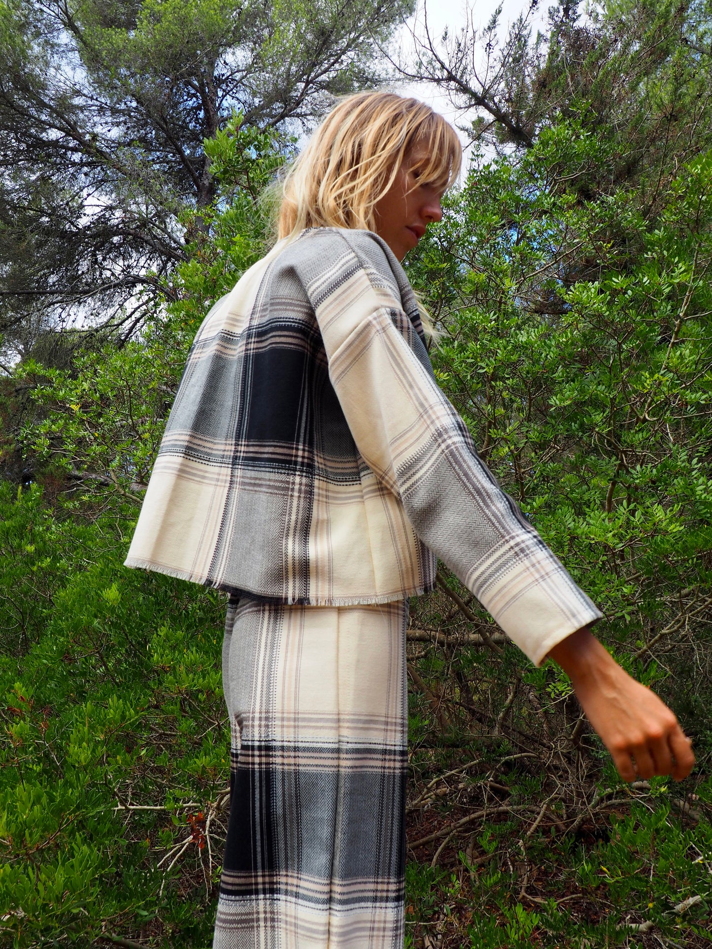 Up-cycled black and white checked cropped jacket nice quality a high end woven made by Vagabond Ibiza