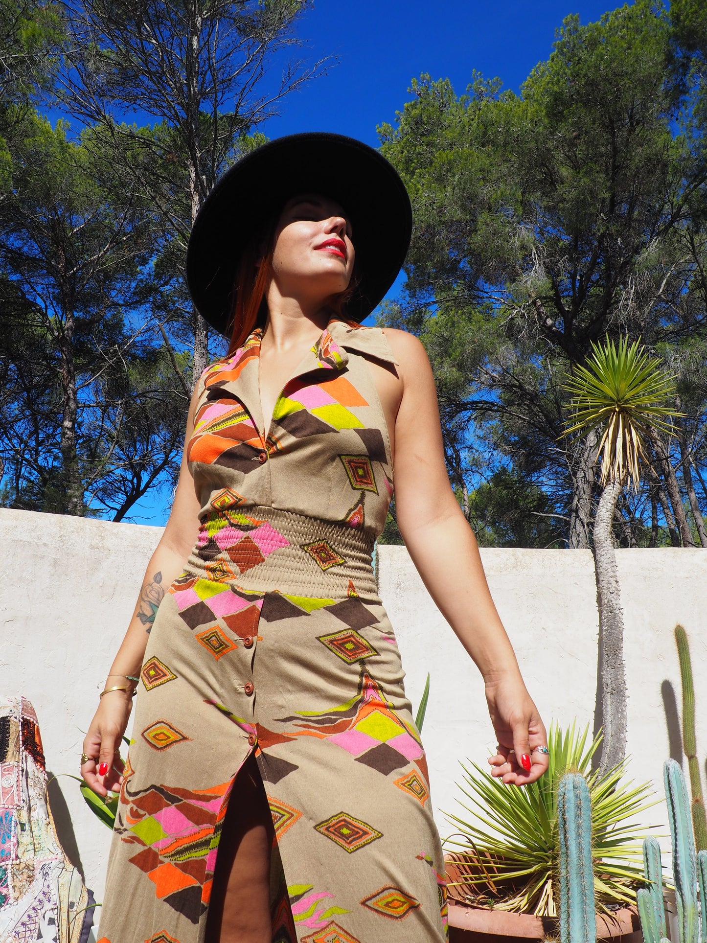 Vintage 1970’s super cool abstract printed maxi dress with a halter neck and cool collar details.