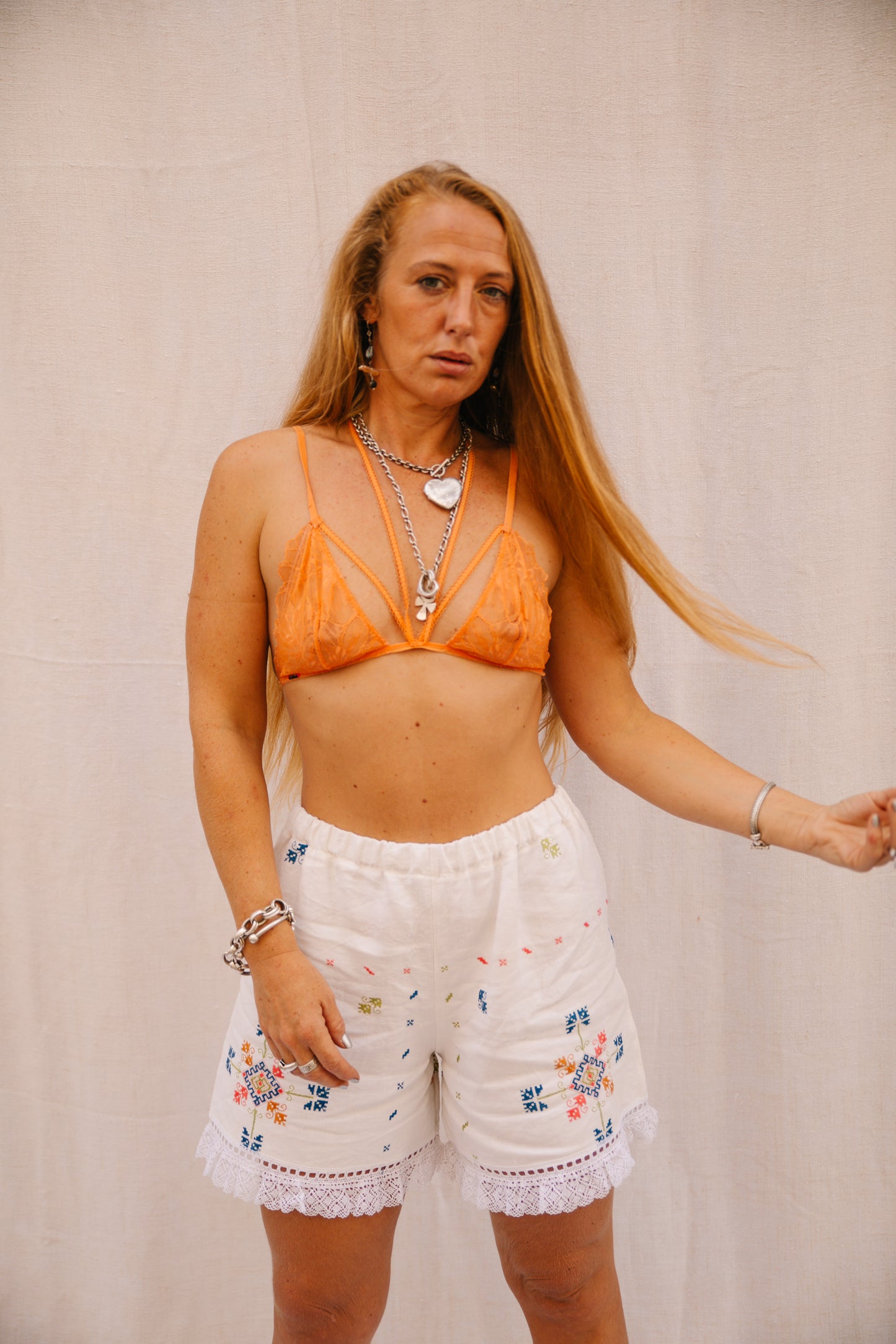 Hand-Embroidered Vintage Linen Shorts with Lace Trim by Vagabond Ibiza
