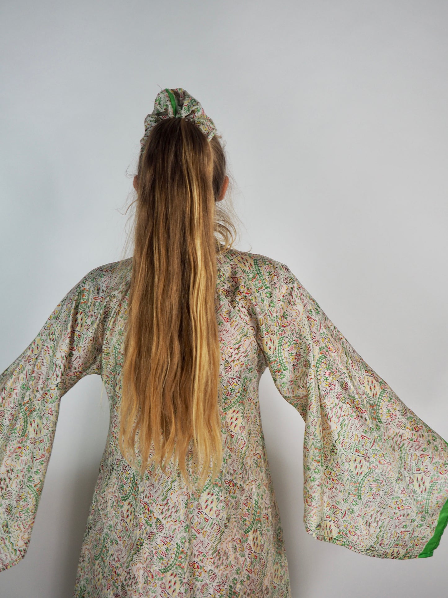 The Diamond Bias-Cut Maxi Dress – Up-cycled Vintage Sari Sustainable Dress with angel Sleeves + Matching Scrunchy & Bag