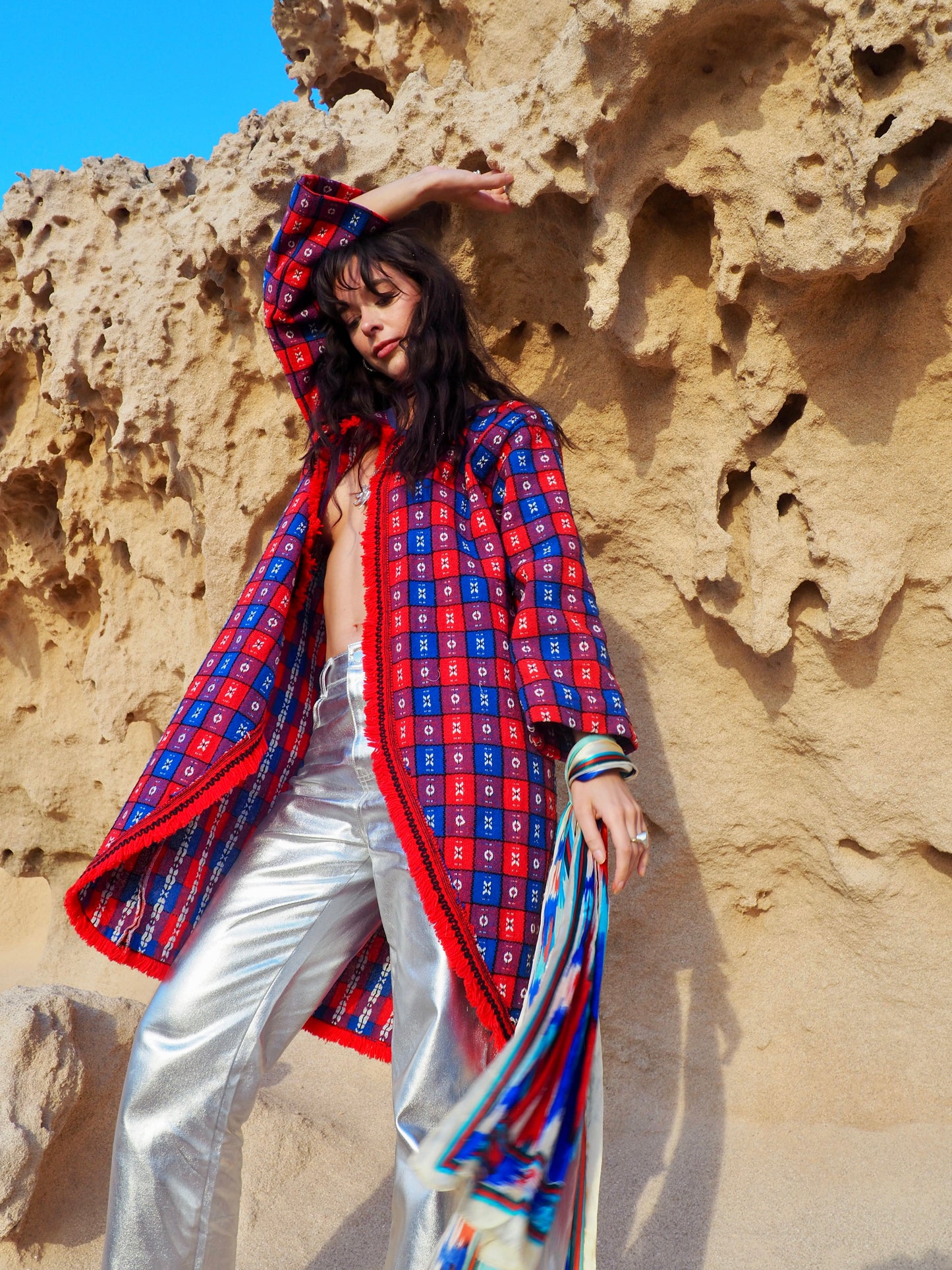 Upcycled Vintage Long Full Jacket in Red and Blue - Made by Vagabond Ibiza
