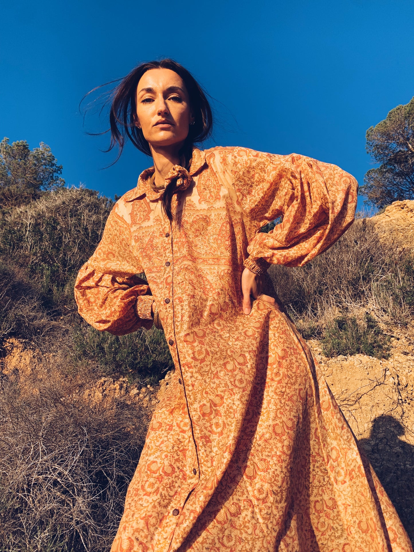The Lenya Up-cycled Vintage Sari Dress – Sustainable Boho Dress with Oversized Sleeves Matching Scrunchy & Storage Bag