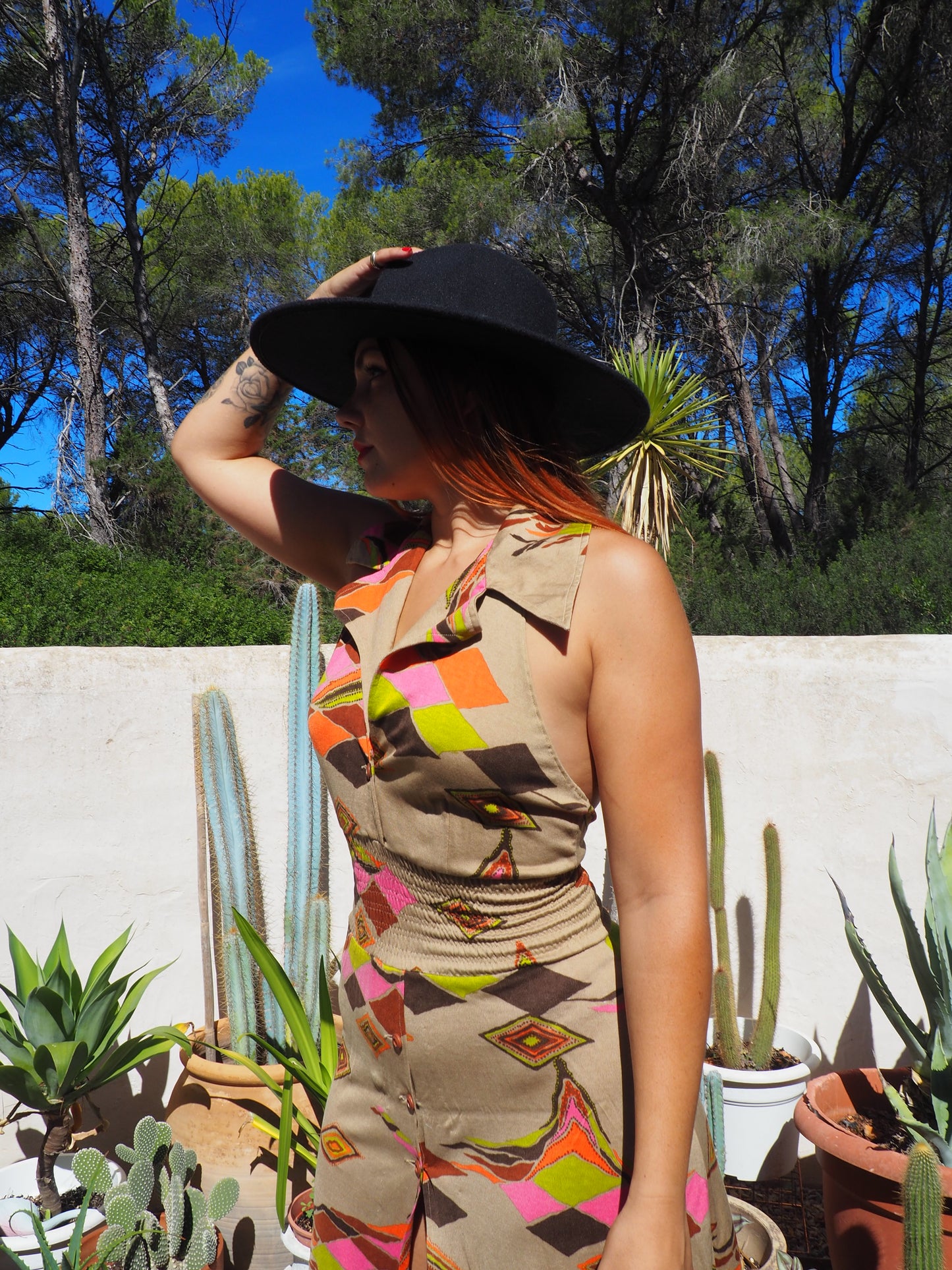 Vintage 1970’s super cool abstract printed maxi dress with a halter neck and cool collar details.