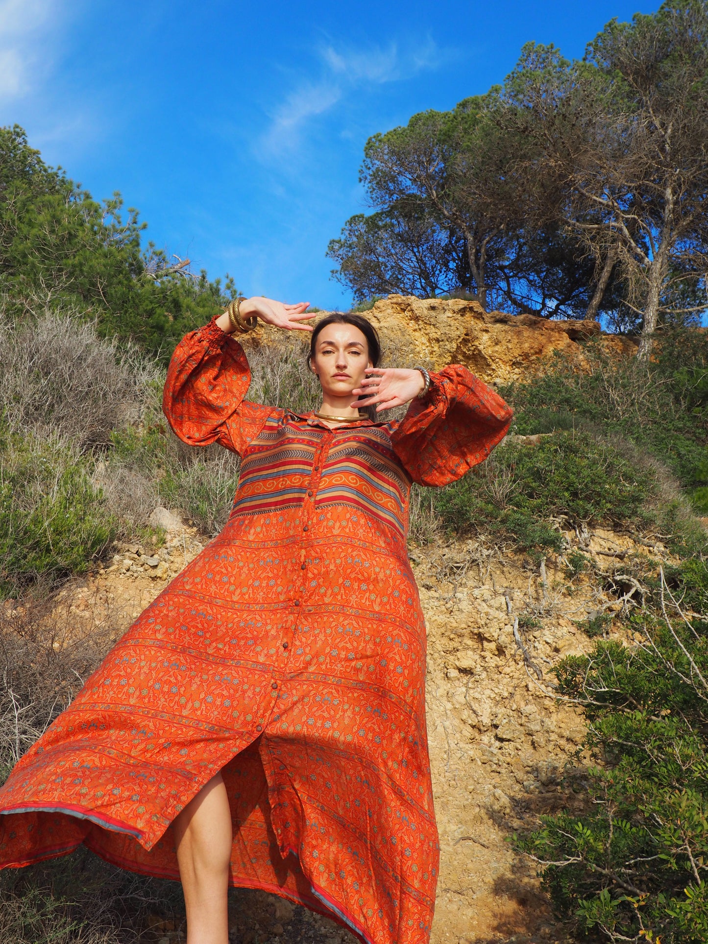 The Lenya Up-cycled Vintage Sari Dress – Sustainable Boho Dress with Oversized Sleeves Matching Scrunchy & Storage Bag*