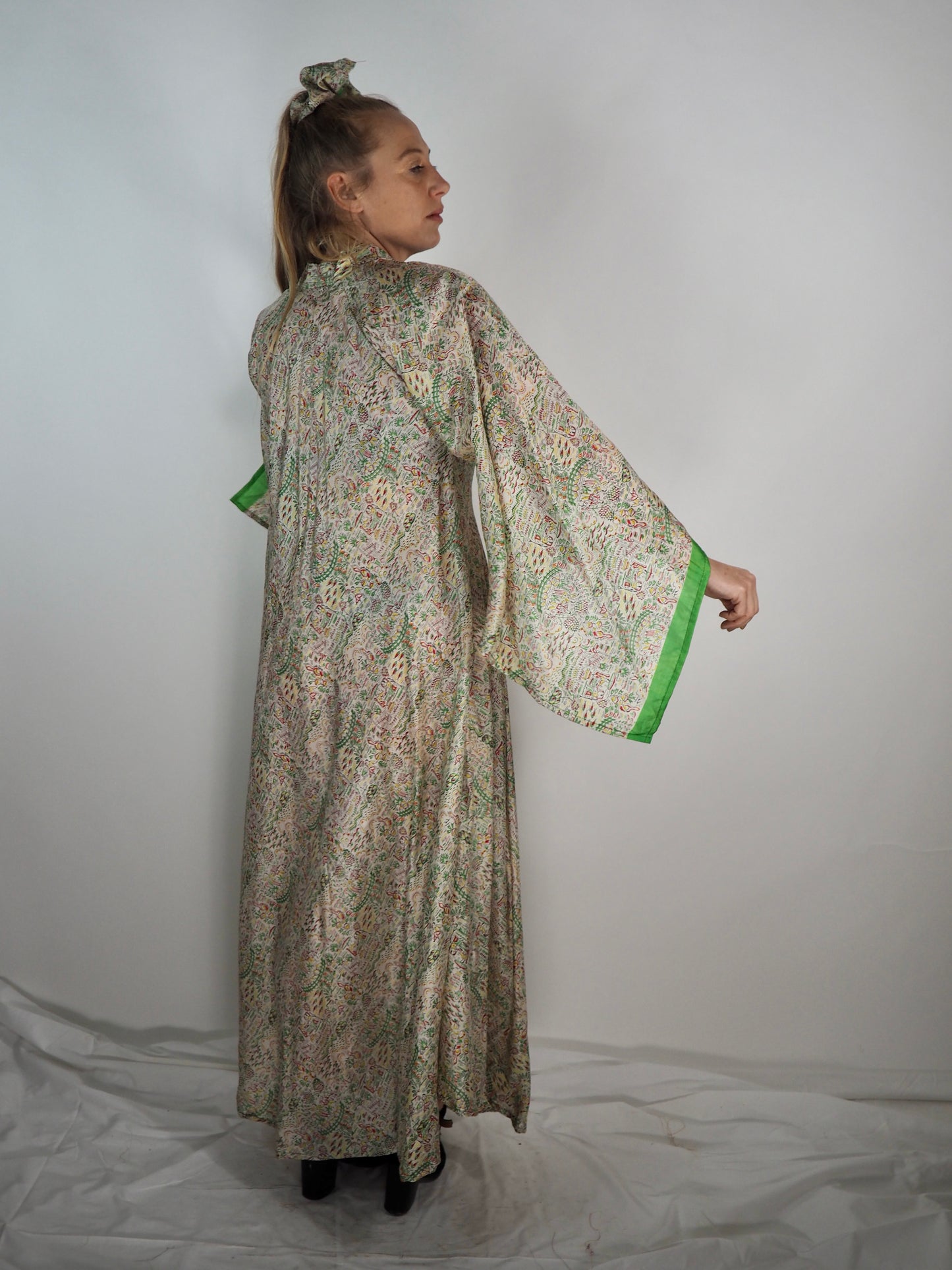 The Diamond Bias-Cut Maxi Dress – Up-cycled Vintage Sari Sustainable Dress with angel Sleeves + Matching Scrunchy & Bag