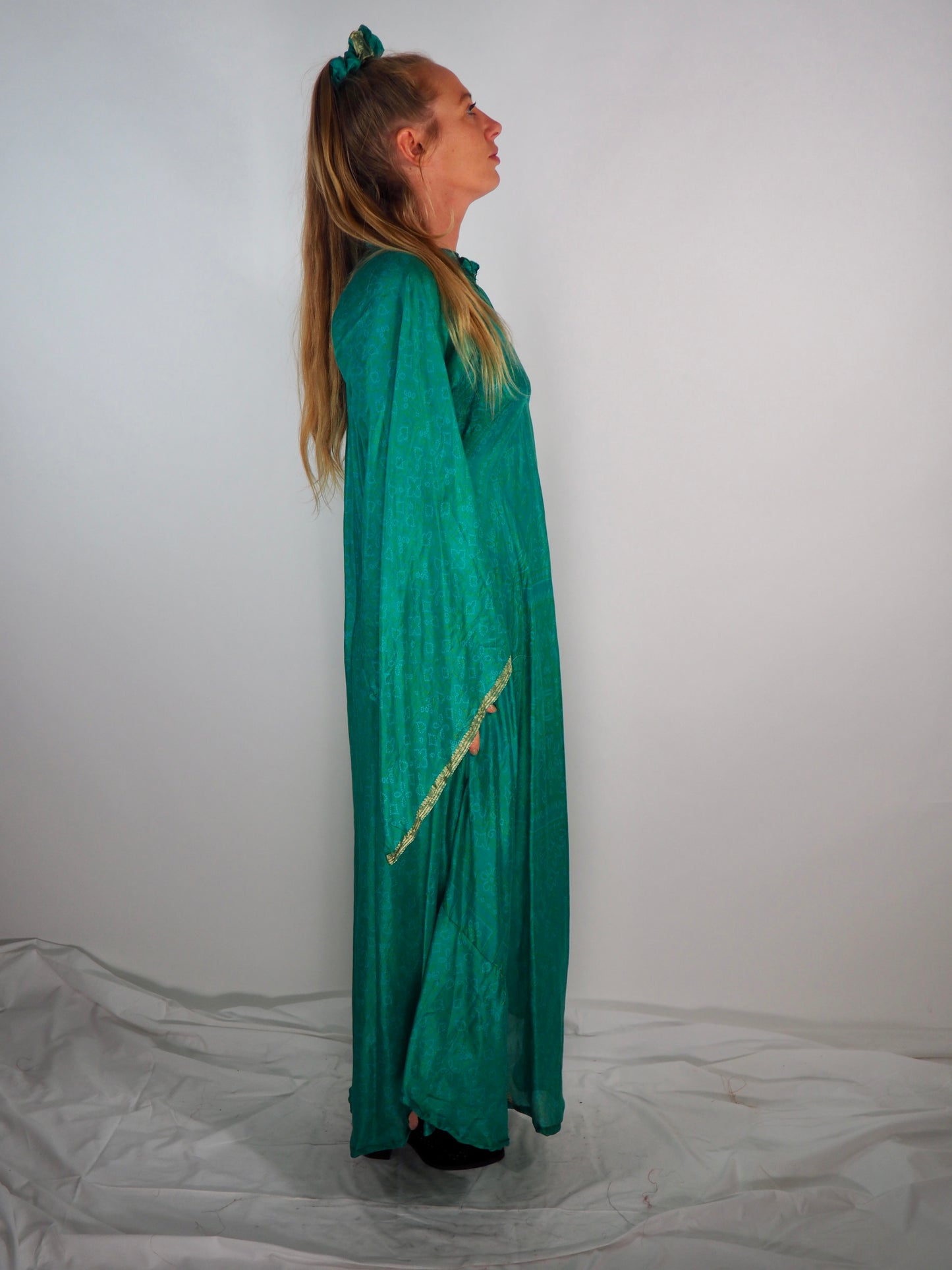 The Diamond Bias-Cut Maxi Dress – Up-cycled Vintage Sari Sustainable Dress with angel Sleeves + Matching Scrunchy & Bag