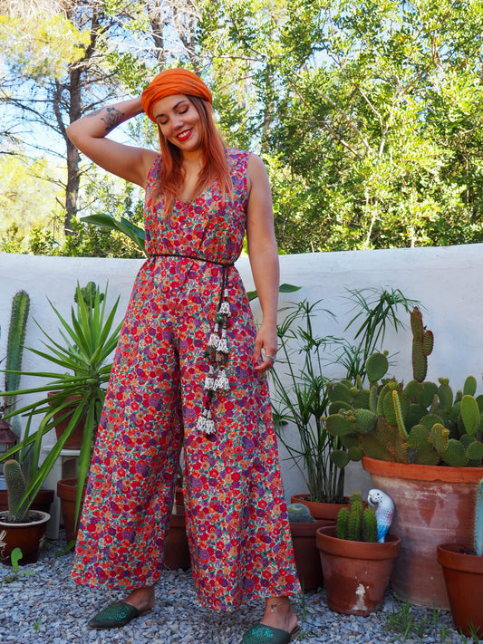 Vintage floral printed jumpsuits with wide leg pants and zip in back for fit up-cycled by Vagabond Ibiza