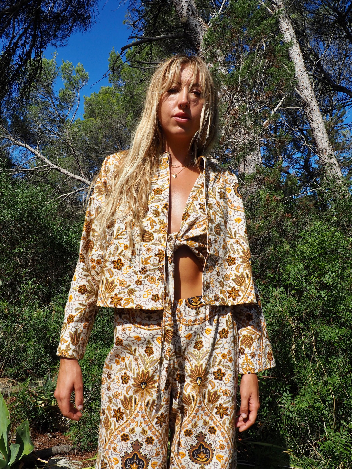 Up-cycled heavy cotton cropped jacket with Cream yellow and black floral printed design the textile is from france very nice quality by Vagabond Ibiza