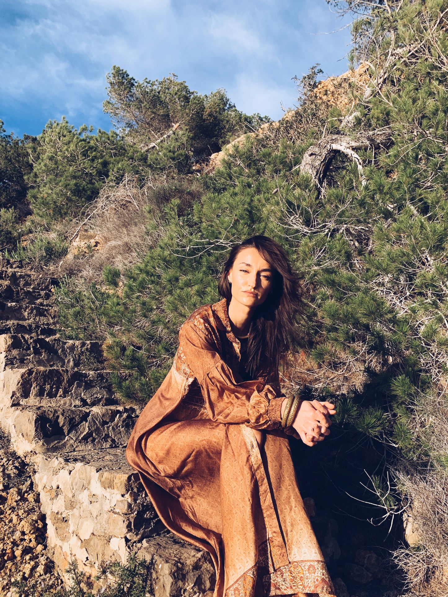 The Lenya Up-cycled Vintage Sari Dress – Sustainable Boho Dress with Oversized Sleeves Matching Scrunchy & Storage Bag