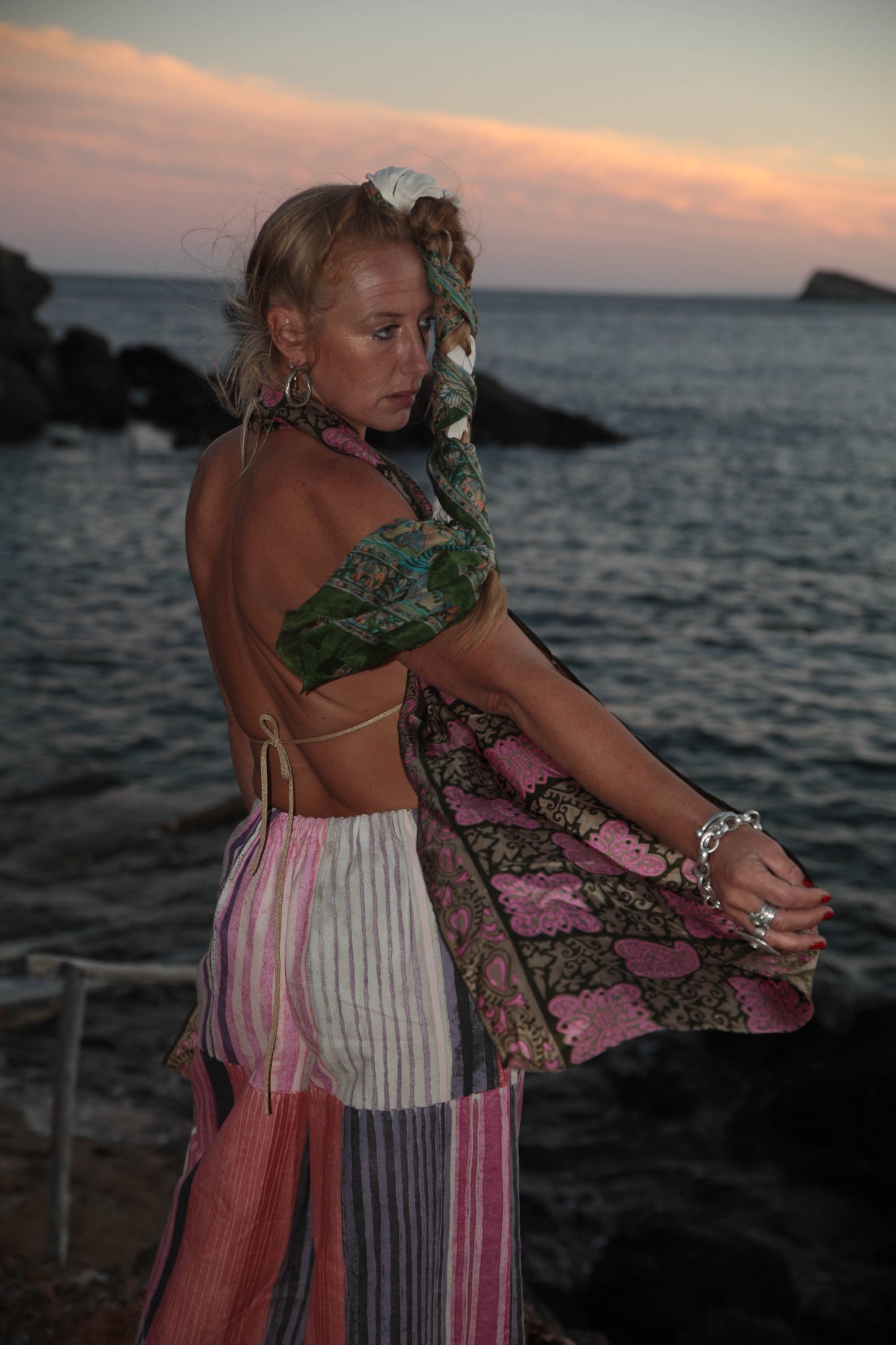 Up-cycled vintage cotton wide leg pants made by Vagabond Ibiza with pink painted design