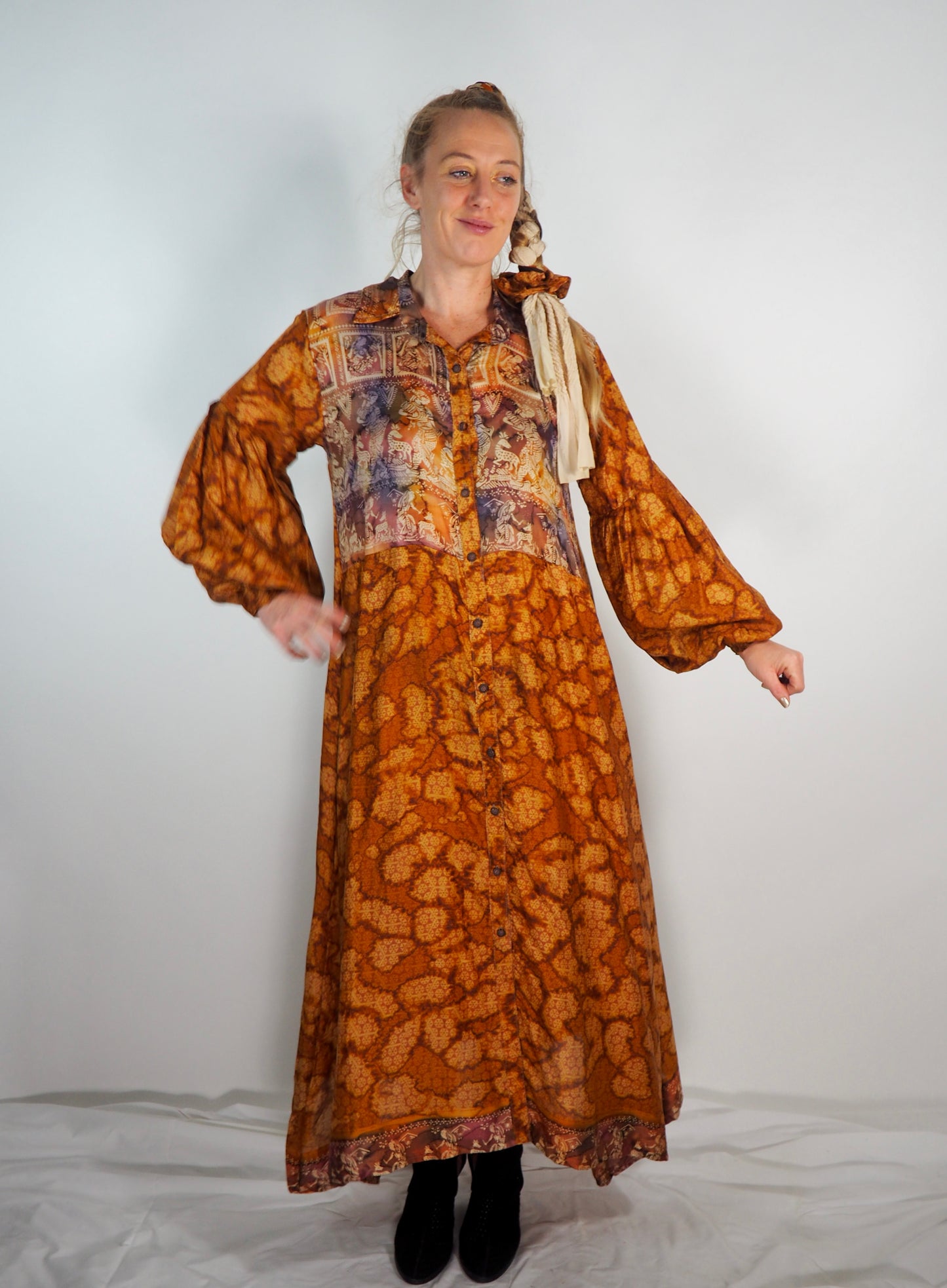 The Lenya Up-cycled Vintage Sari Dress – Sustainable Boho Dress with Oversized Sleeves Matching Scrunchy & Storage Bag