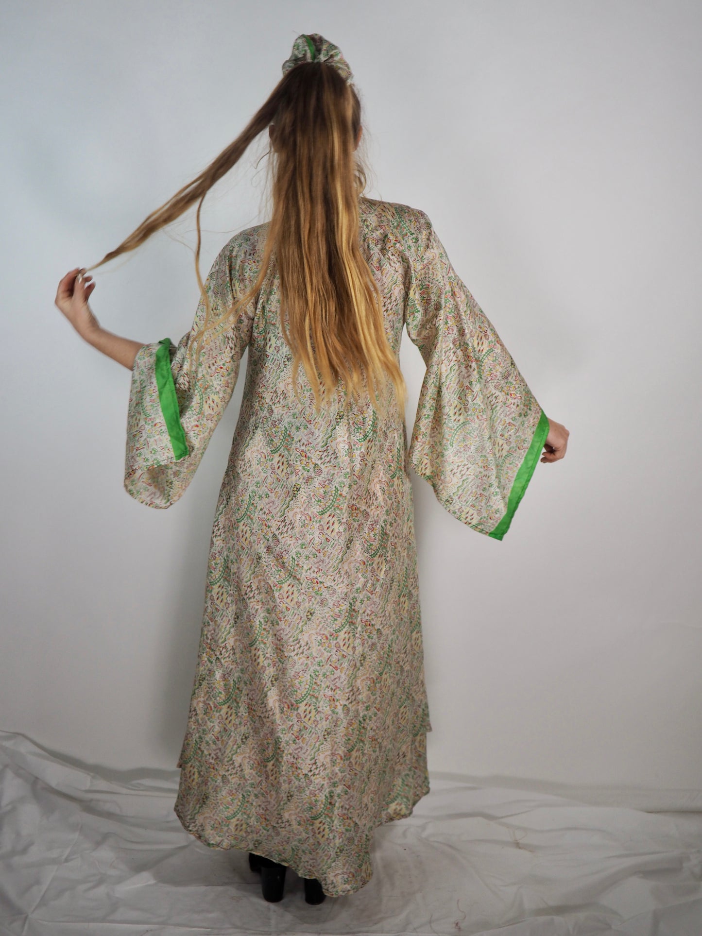 The Diamond Bias-Cut Maxi Dress – Up-cycled Vintage Sari Sustainable Dress with angel Sleeves + Matching Scrunchy & Bag