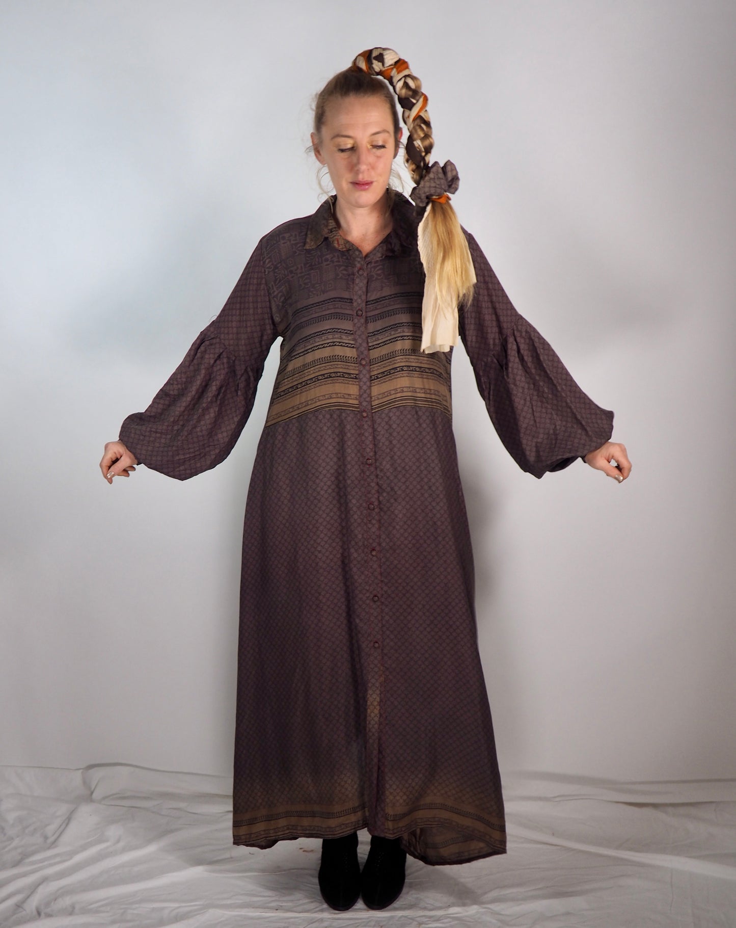 The Lenya Up-cycled Vintage Sari Dress – Sustainable Boho Dress with Oversized Sleeves Matching Scrunchy & Storage Bag*