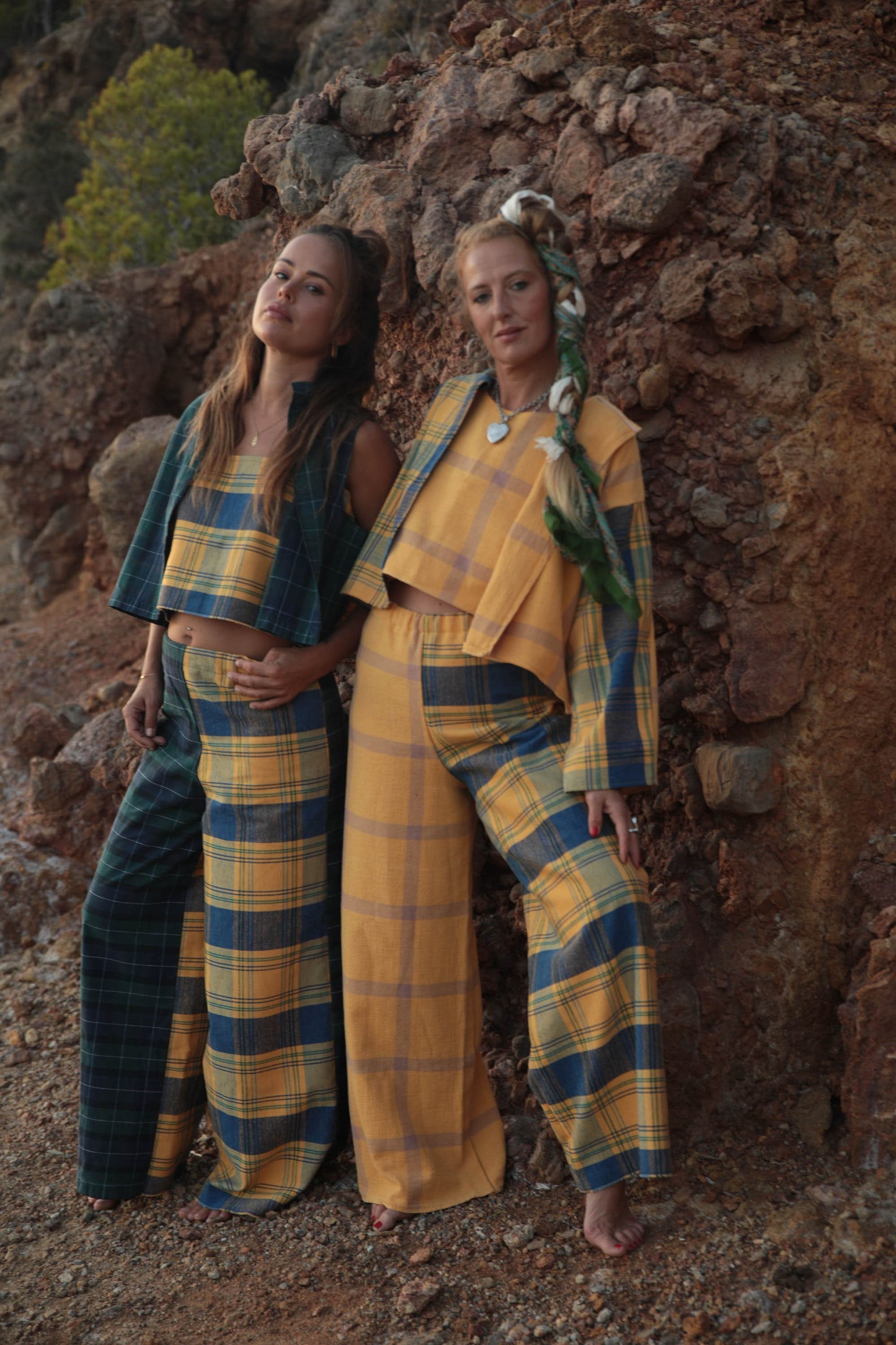 Up-cycled vintage cotton 3 piece set top and pants and wait coat set made from vintage textiles patch together with a yellow and blue checked design.