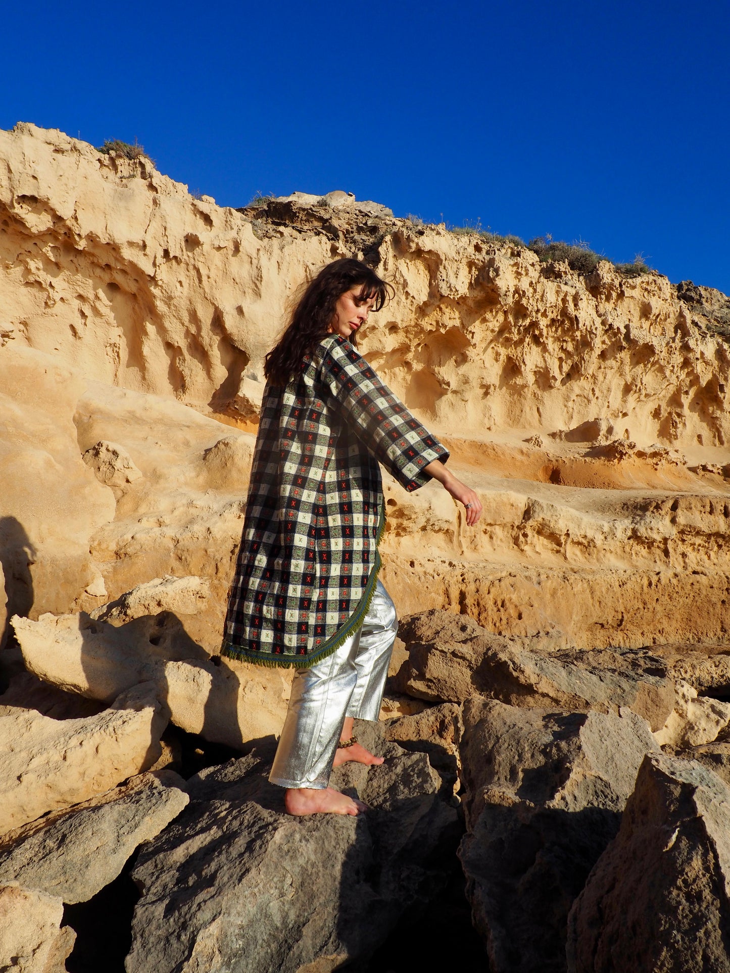 Up-cycled Vintage Long Full Jacket in Green, White, Black, and Red with Green Trim - Made by Vagabond Ibiza