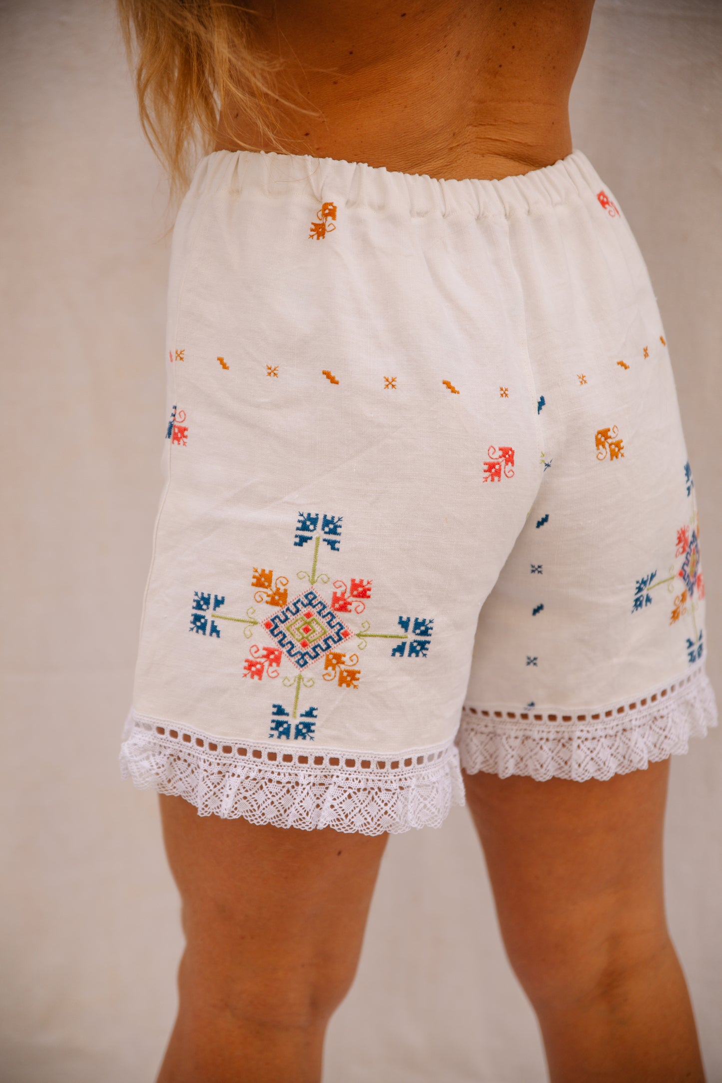 Hand-Embroidered Vintage Linen Shorts with Lace Trim by Vagabond Ibiza