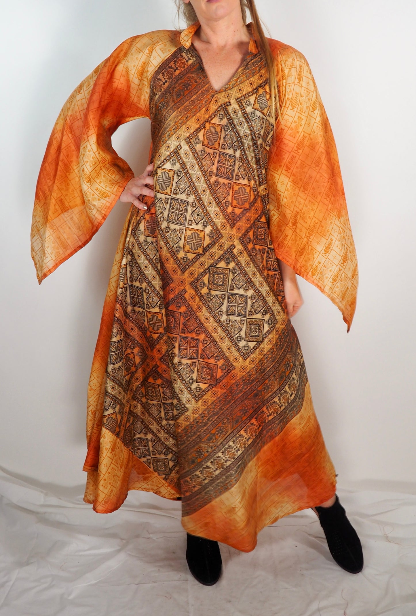The Diamond Bias-Cut Maxi Dress – Up-cycled Vintage Sari Sustainable Dress with angel Sleeves + Matching Scrunchy & Bag