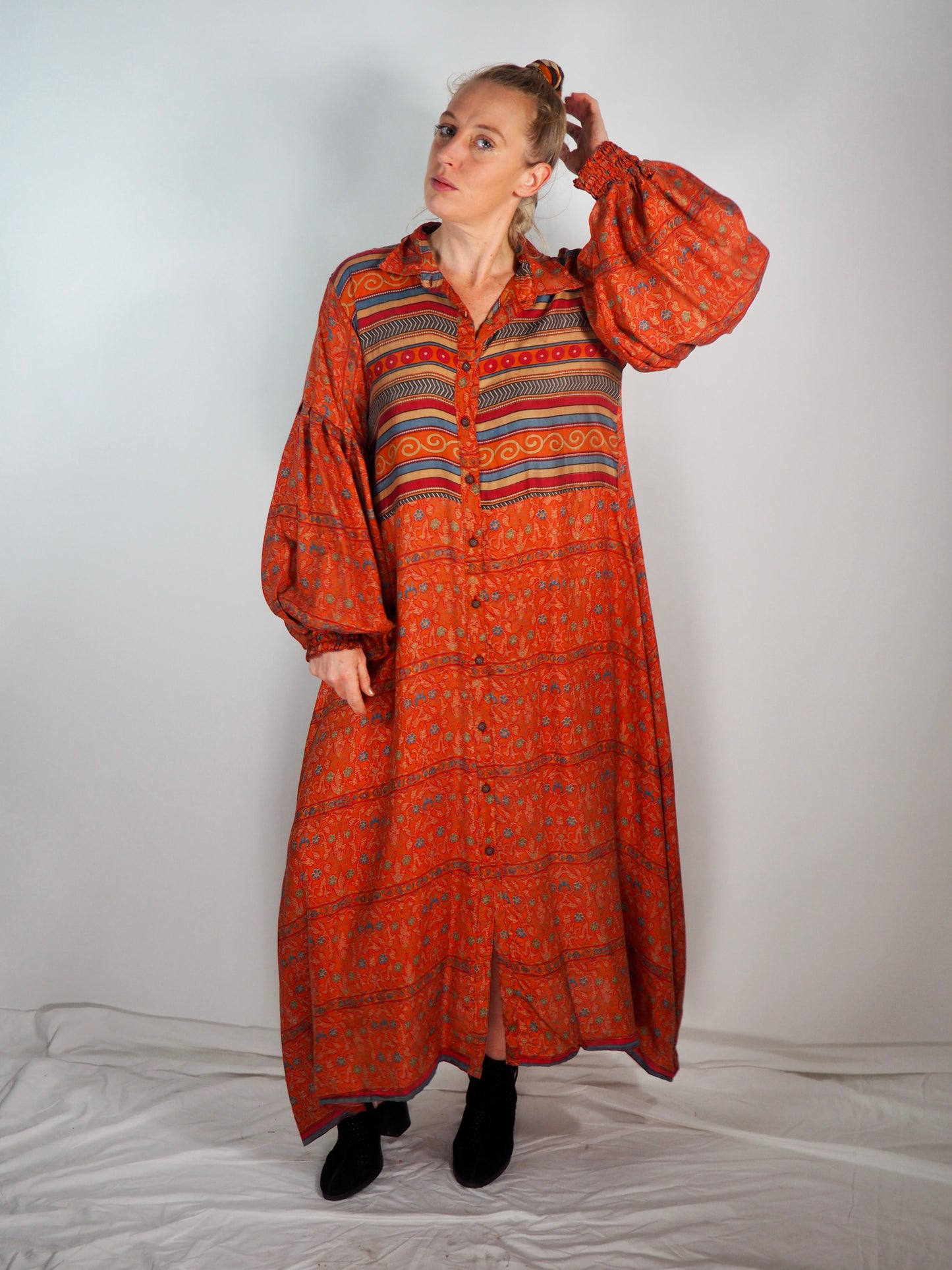 The Lenya Up-cycled Vintage Sari Dress – Sustainable Boho Dress with Oversized Sleeves Matching Scrunchy & Storage Bag*