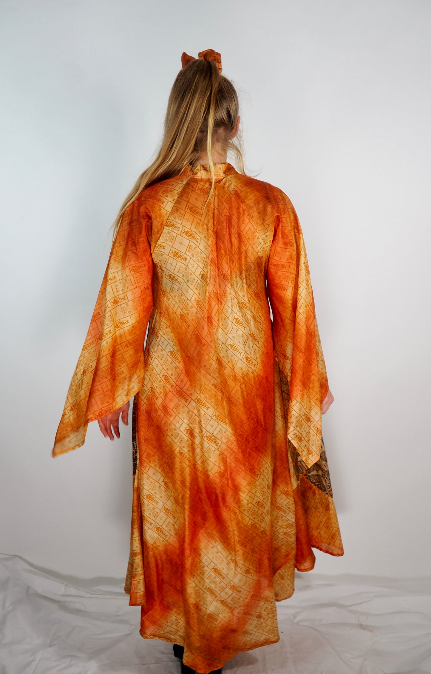 The Diamond Bias-Cut Maxi Dress – Up-cycled Vintage Sari Sustainable Dress with angel Sleeves + Matching Scrunchy & Bag