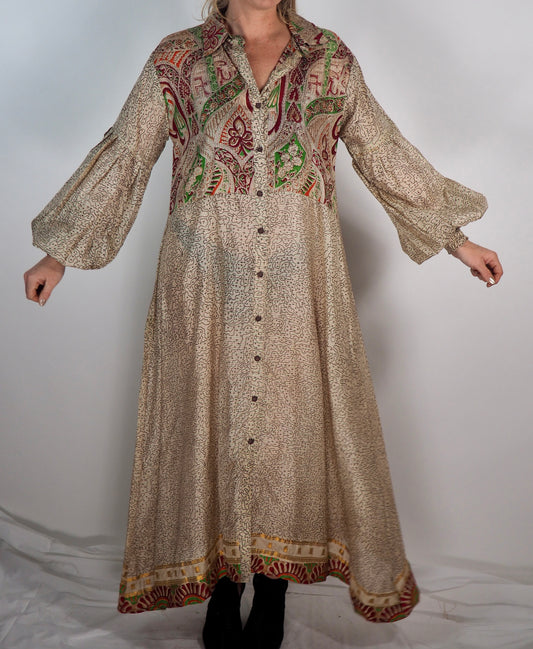 The Lenya Up-cycled Vintage Sari Dress – Sustainable Boho Dress with Oversized Sleeves Matching Scrunchy & Storage Bag