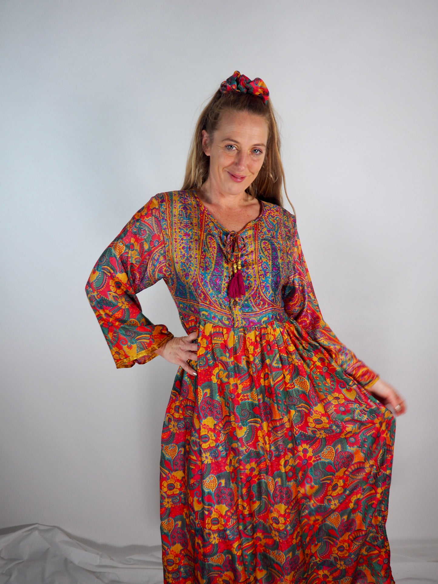 The Vadella Up-cycled Vintage Re-cycled Sari Maxi Dress – Sustainable Boho Dress with Tie Neck Detail + Matching Scrunchy & Bag