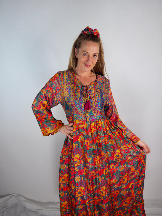 The Vadella Up-cycled Vintage Re-cycled Sari Maxi Dress – Sustainable Boho Dress with Tie Neck Detail + Matching Scrunchy & Bag