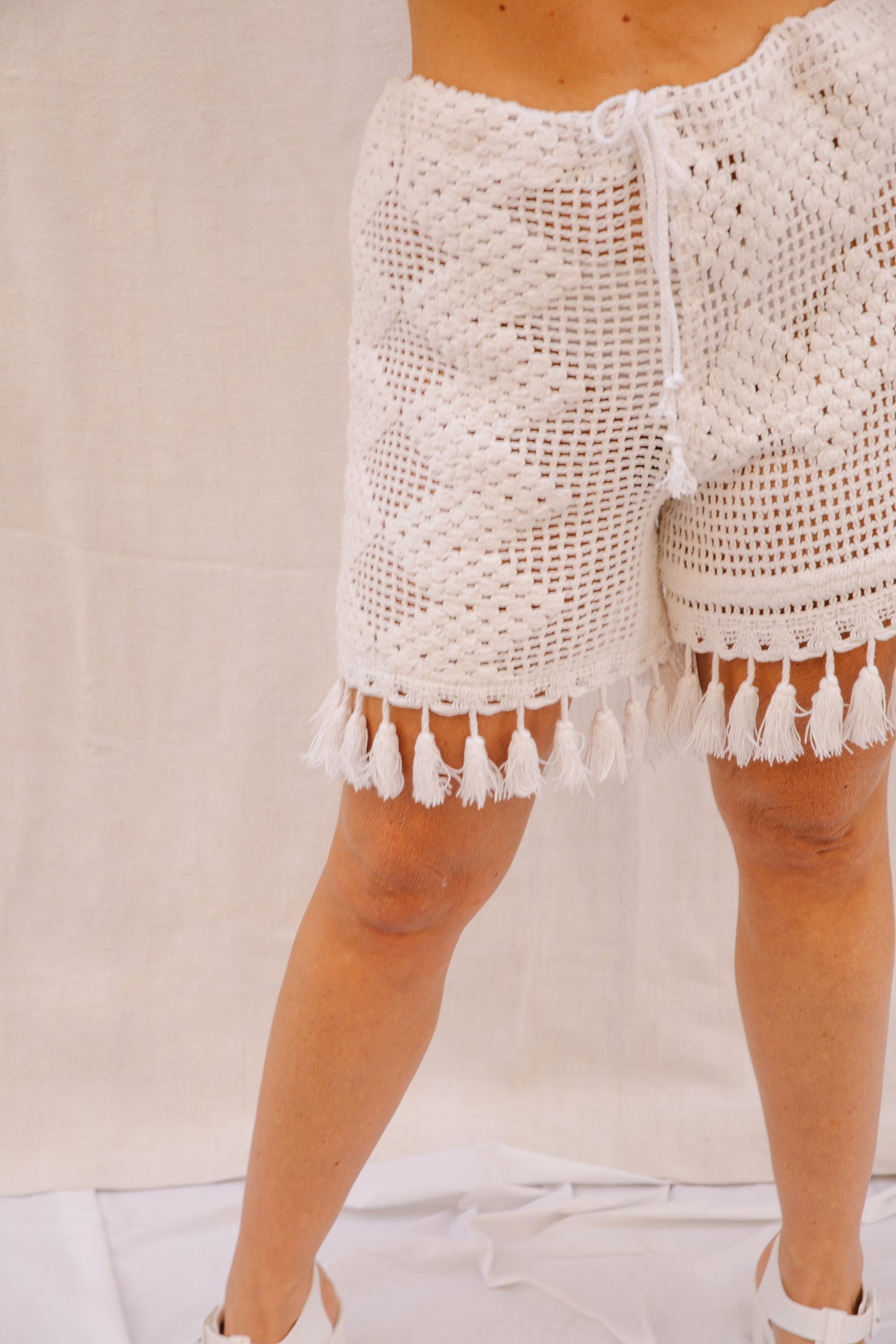 Handmade Crochet patchwork Tassel Shorts together from our offcuts by Vagabond Ibiza