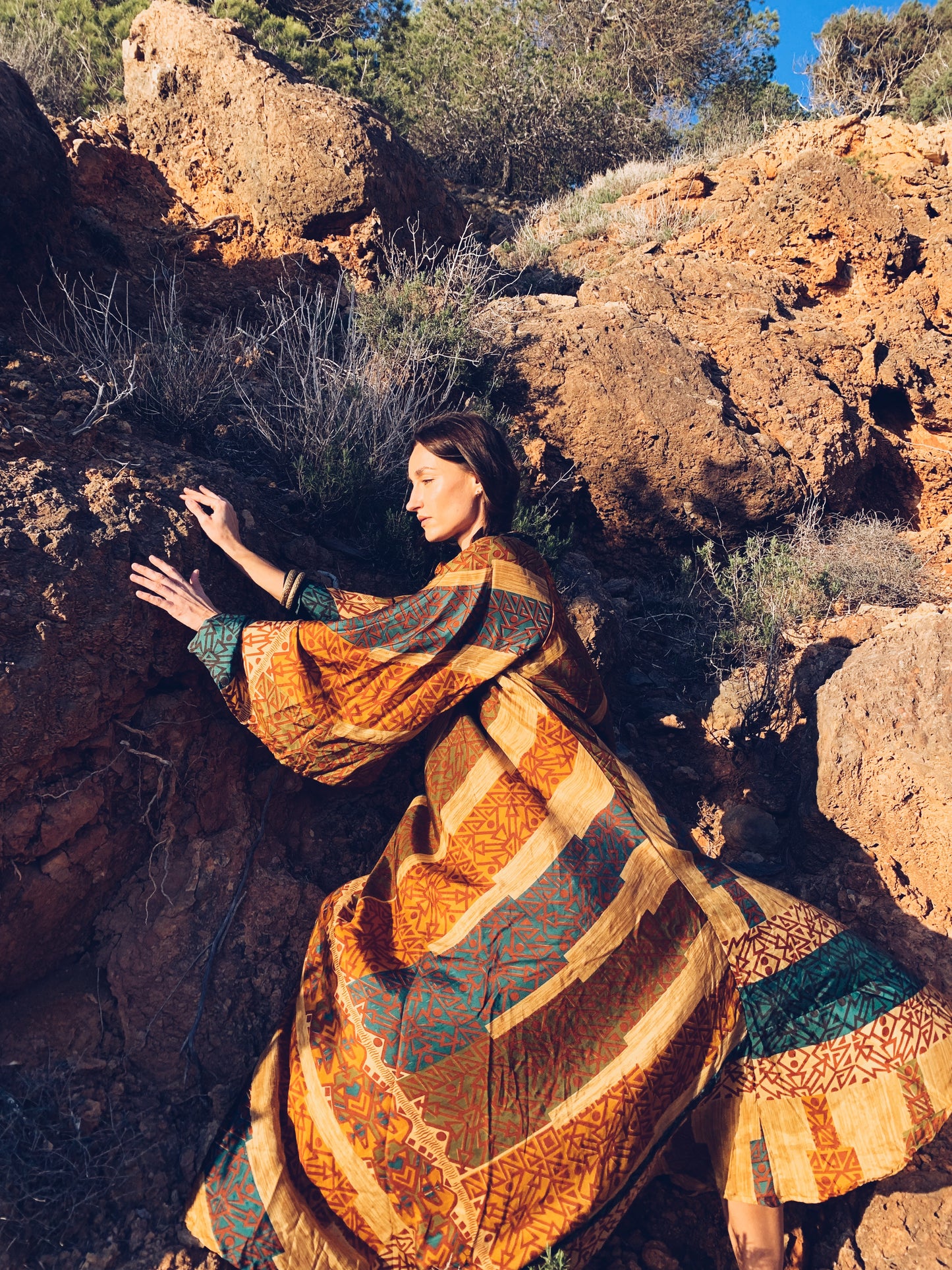 The Diamond Bias-Cut Maxi Dress – Up-cycled Vintage Sari Sustainable Dress with angel Sleeves + Matching Scrunchy & Bag