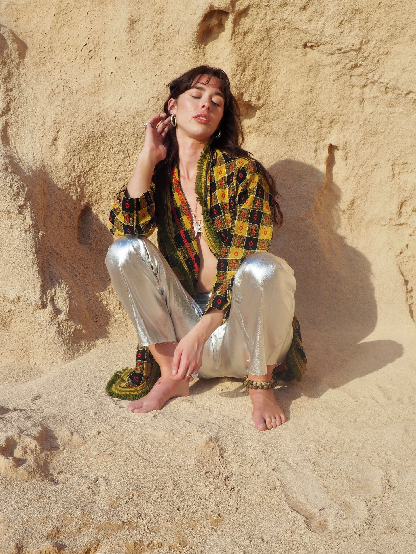 Long Full Jacket in Mustard Yellow, Black, and Red - Upcycled Vintage Textiles Made by Vagabond Ibiza