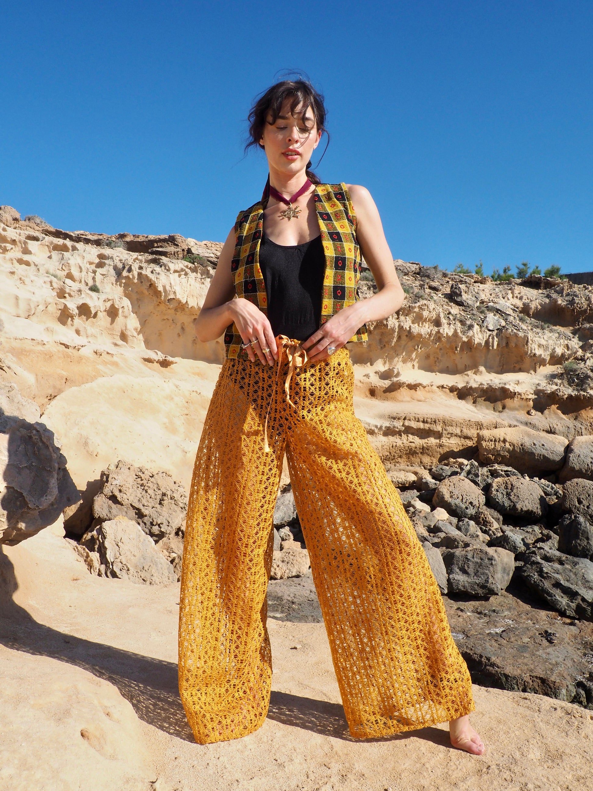 Up-cycled Mustard Yellow Wide-Leg Pants made from machine crochet