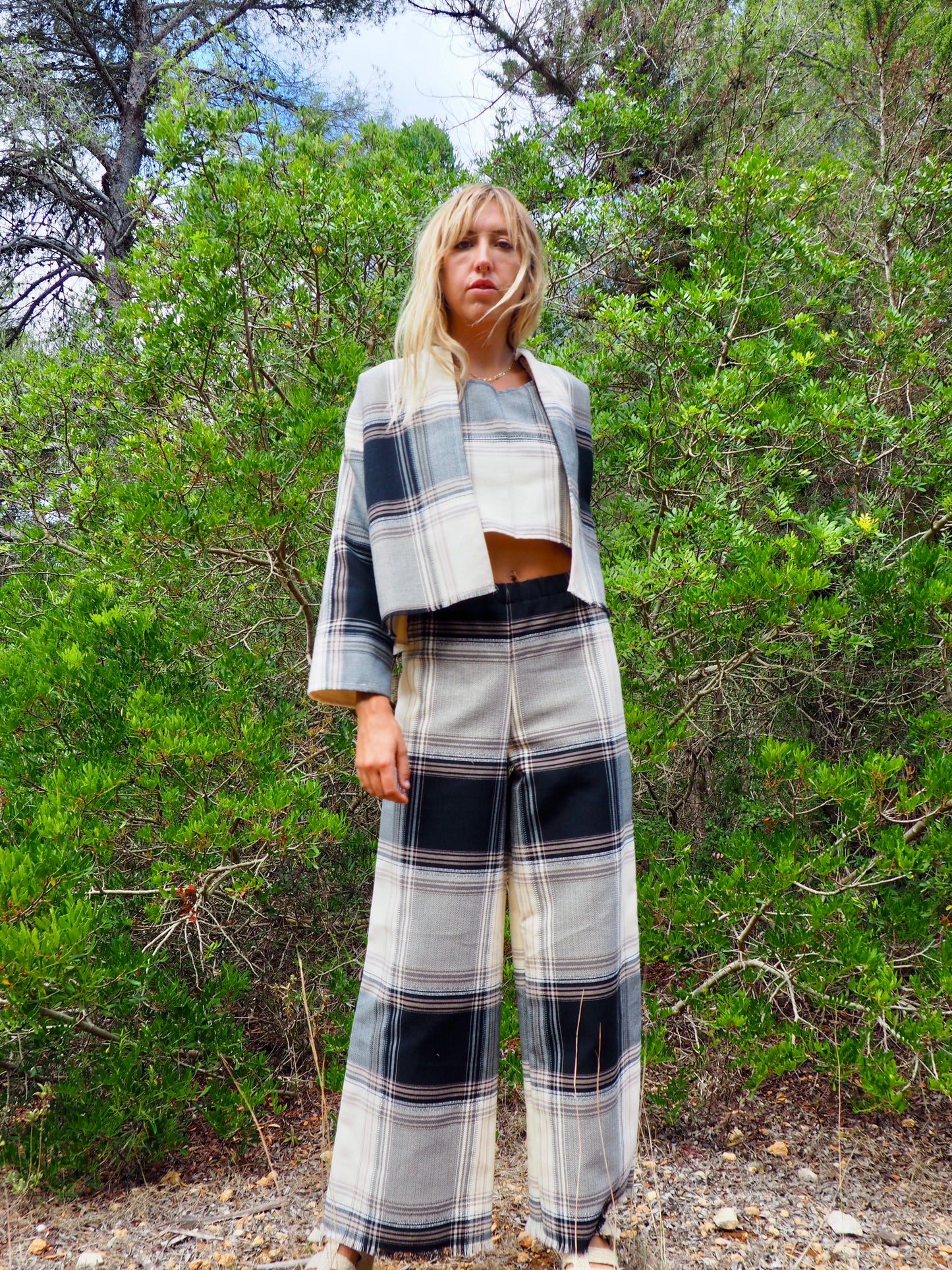 Up-cycled black and white checked cropped jacket nice quality a high end woven made by Vagabond Ibiza