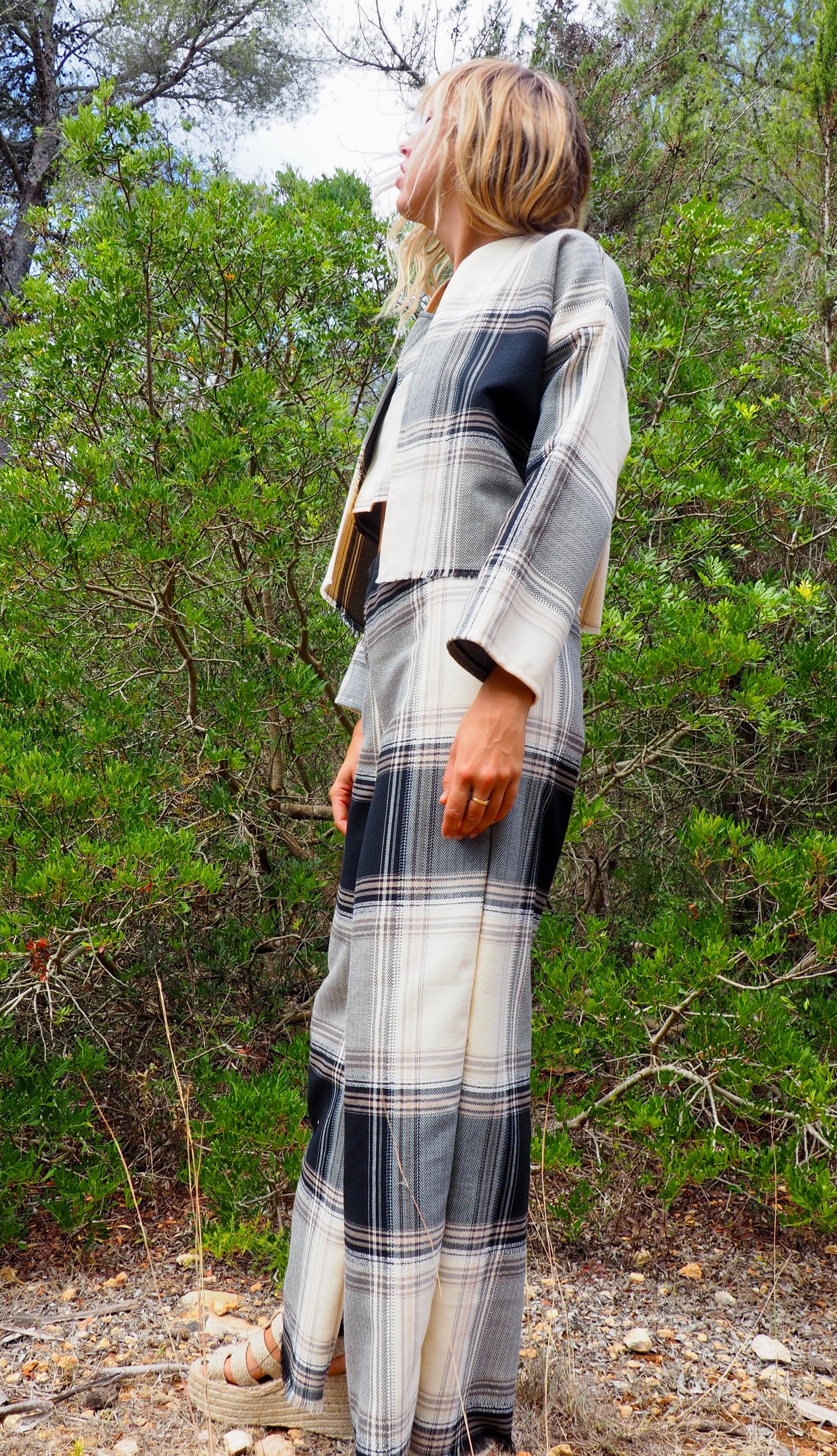 Up-cycled black and white checked cropped jacket nice quality a high end woven made by Vagabond Ibiza