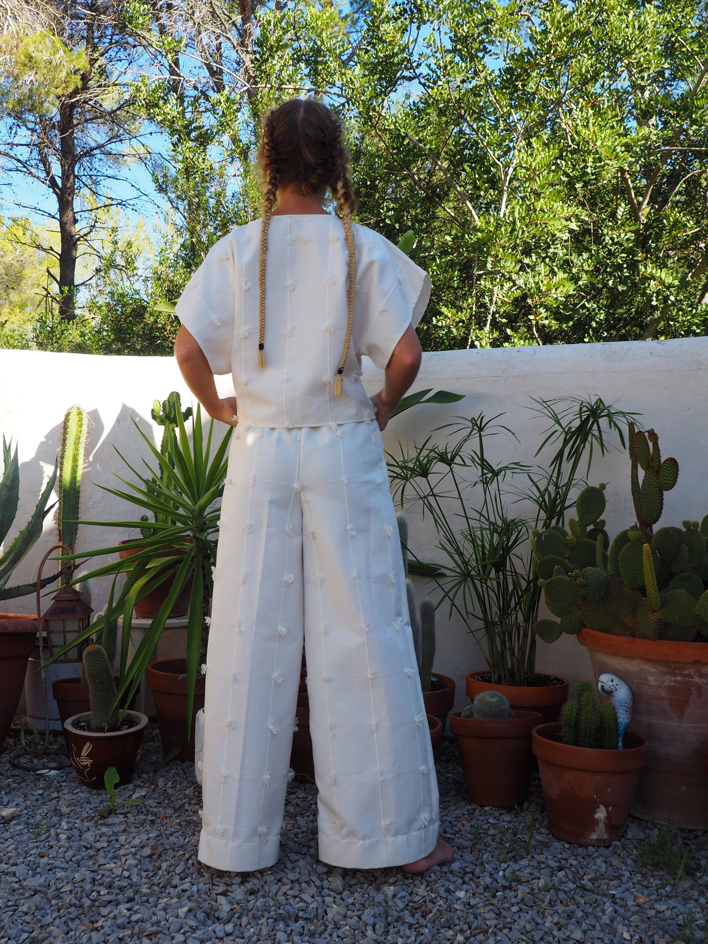 Creamy, white woven 2 piece wide leg pant and top set up-cycled by Vagabond Ibiza