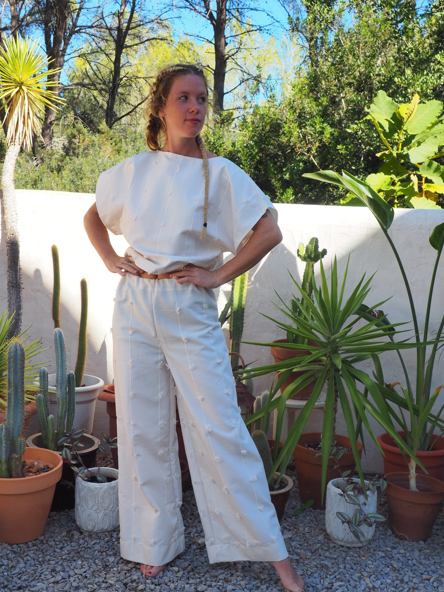 Creamy, white woven 2 piece wide leg pant and top set up-cycled by Vagabond Ibiza