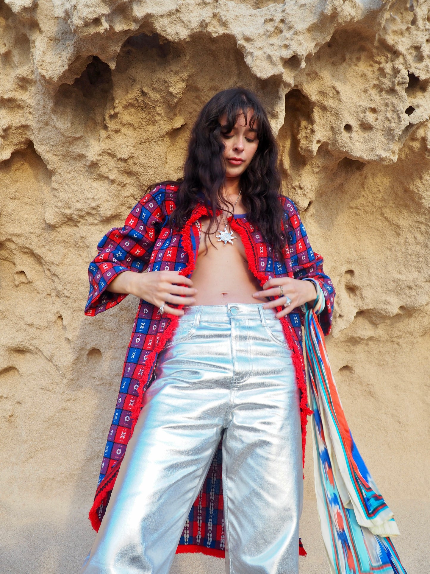 Upcycled Vintage Long Full Jacket in Red and Blue - Made by Vagabond Ibiza