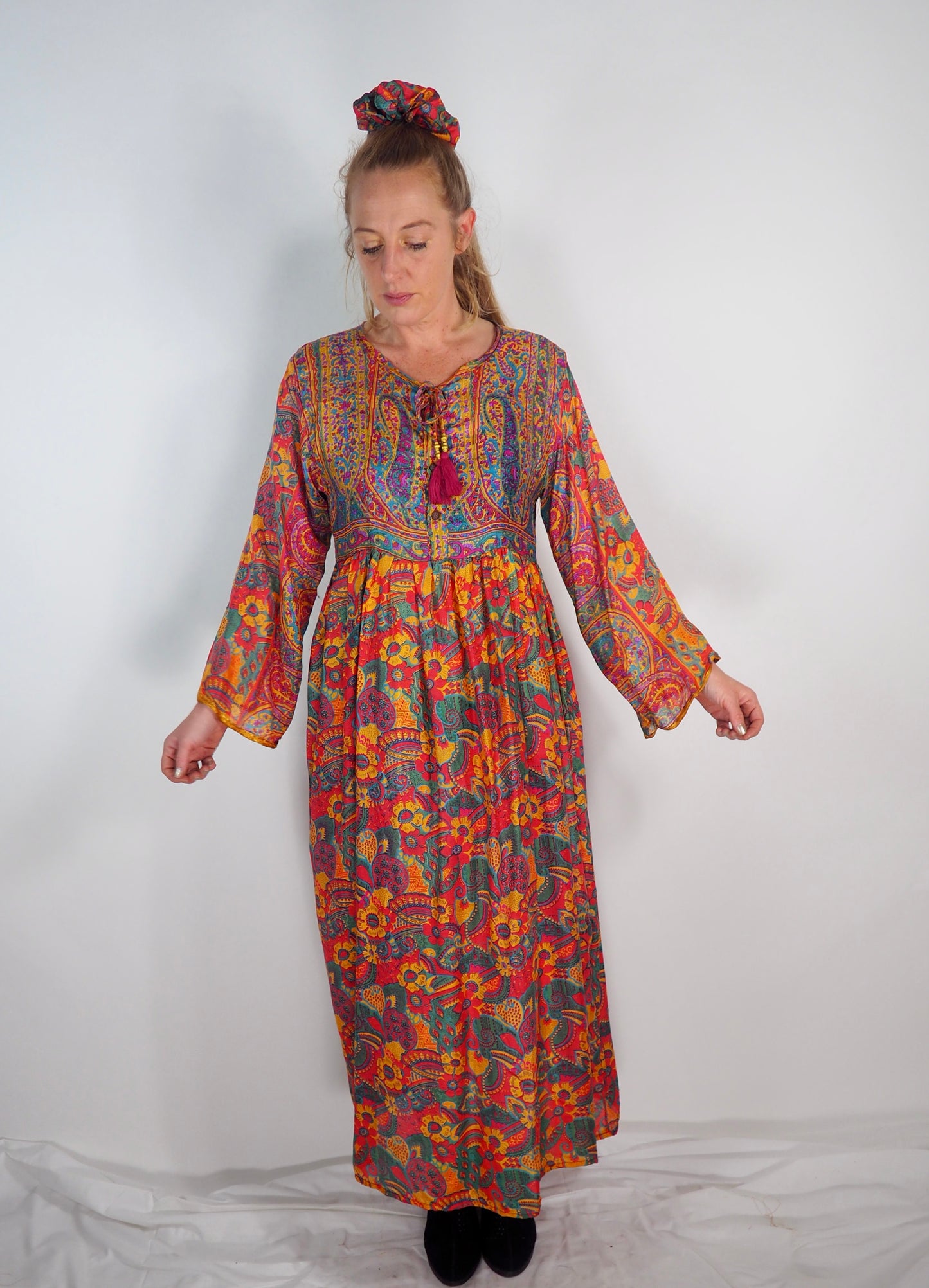 The Vadella Up-cycled Vintage Re-cycled Sari Maxi Dress – Sustainable Boho Dress with Tie Neck Detail + Matching Scrunchy & Bag