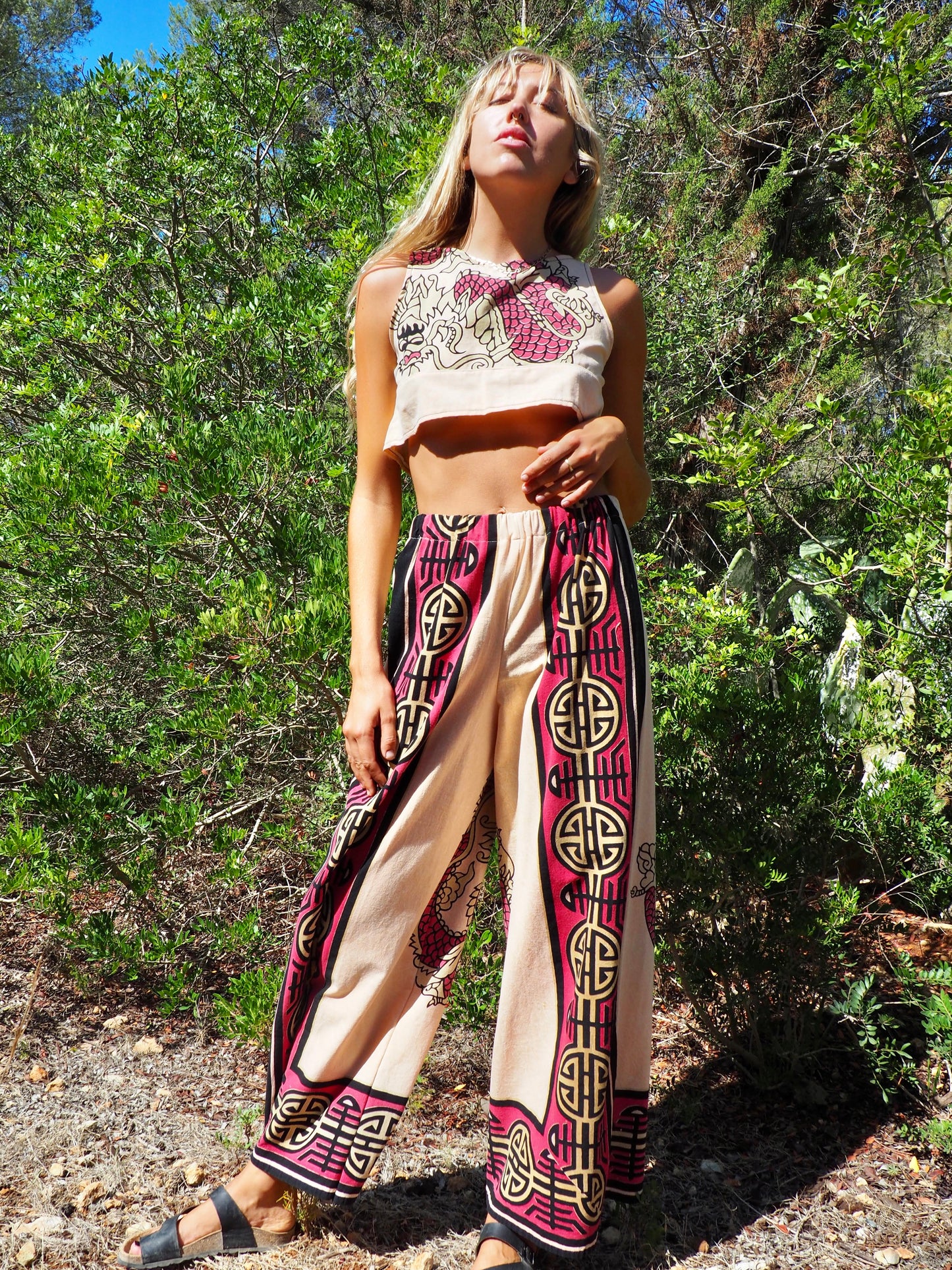 Up-cycled cotton Crop top only pants also available with dragon design by Vagabond Ibiza made