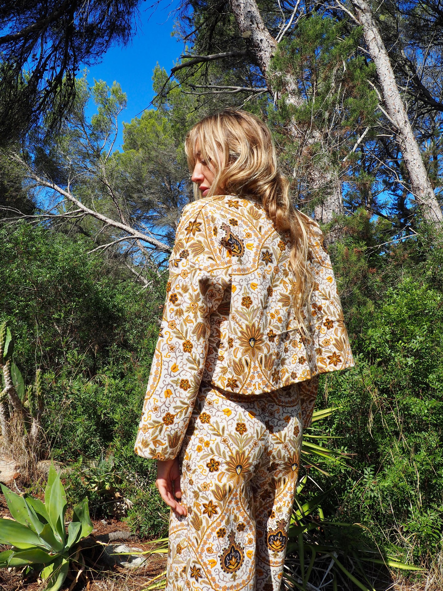 Up-cycled heavy cotton cropped jacket with Cream yellow and black floral printed design the textile is from france very nice quality by Vagabond Ibiza