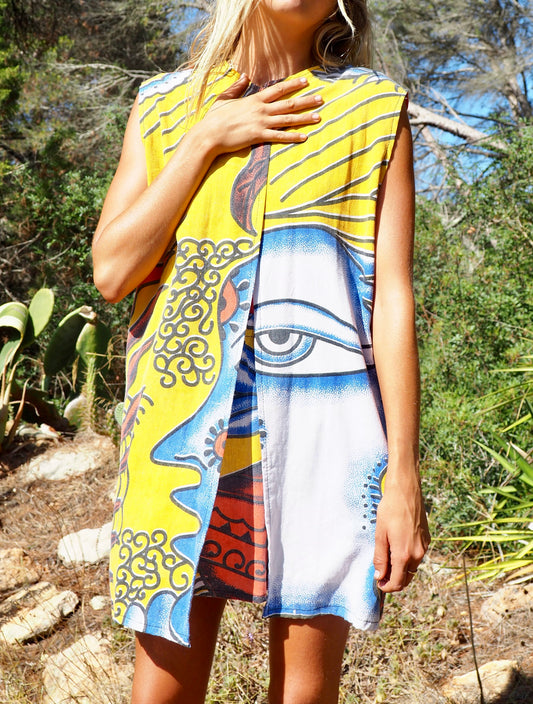 Up-cycled cotton funky bright colourful printed long waistcoat by Vagabond Ibiza