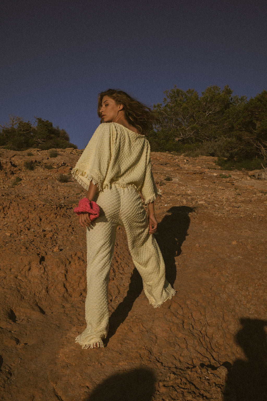 Upcycled bright yellow vintage cotton towel two-piece set with long sleeve top and wide-leg trousers.