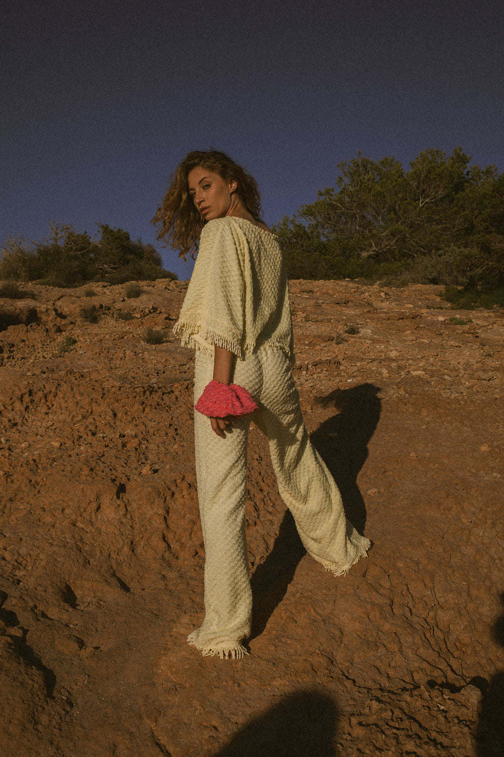Upcycled bright yellow vintage cotton towel two-piece set with long sleeve top and wide-leg trousers.