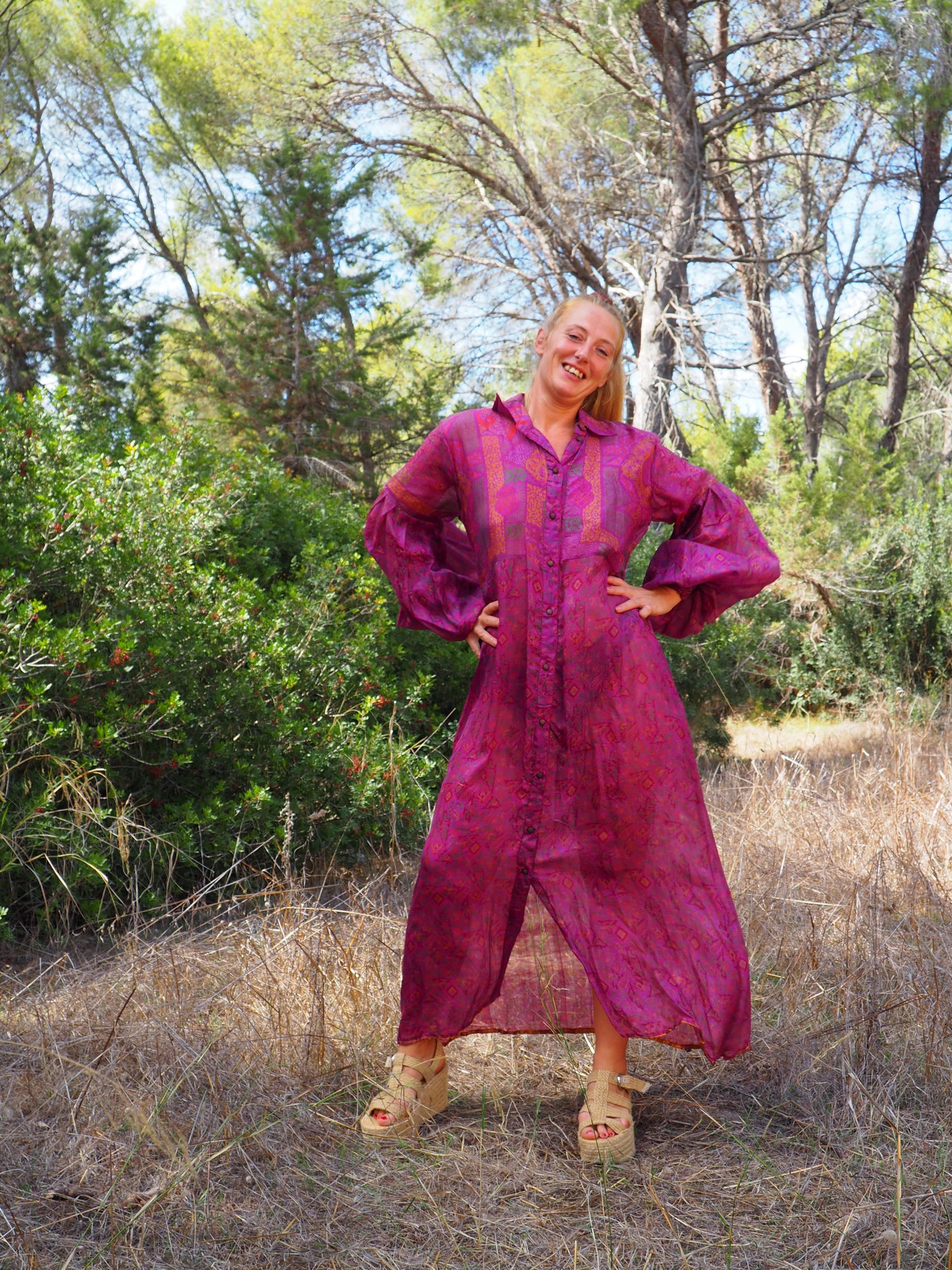 Vintage Indian sari dress with oversized sleeves up-cycled by Vagabond Ibiza