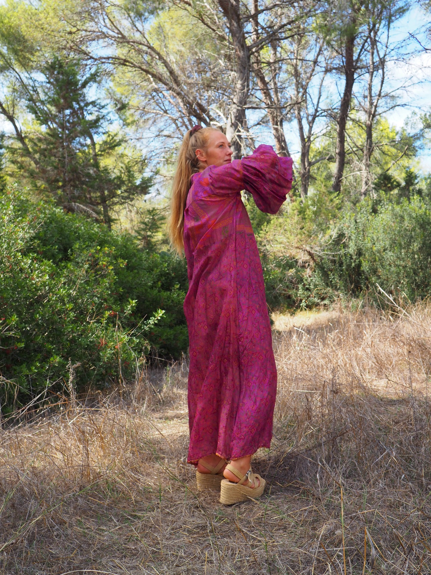 Vintage Indian sari dress with oversized sleeves up-cycled by Vagabond Ibiza