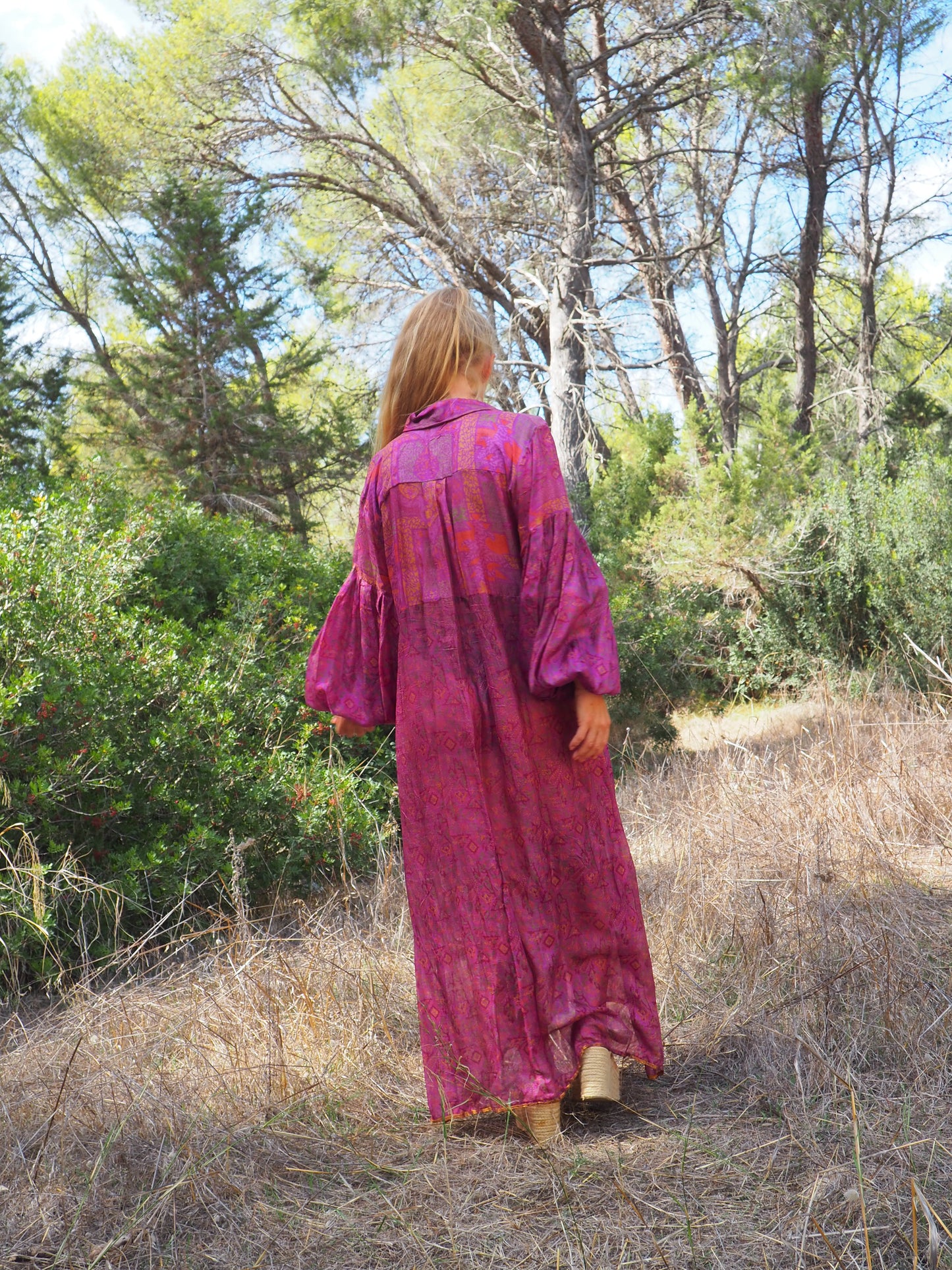 Vintage Indian sari dress with oversized sleeves up-cycled by Vagabond Ibiza