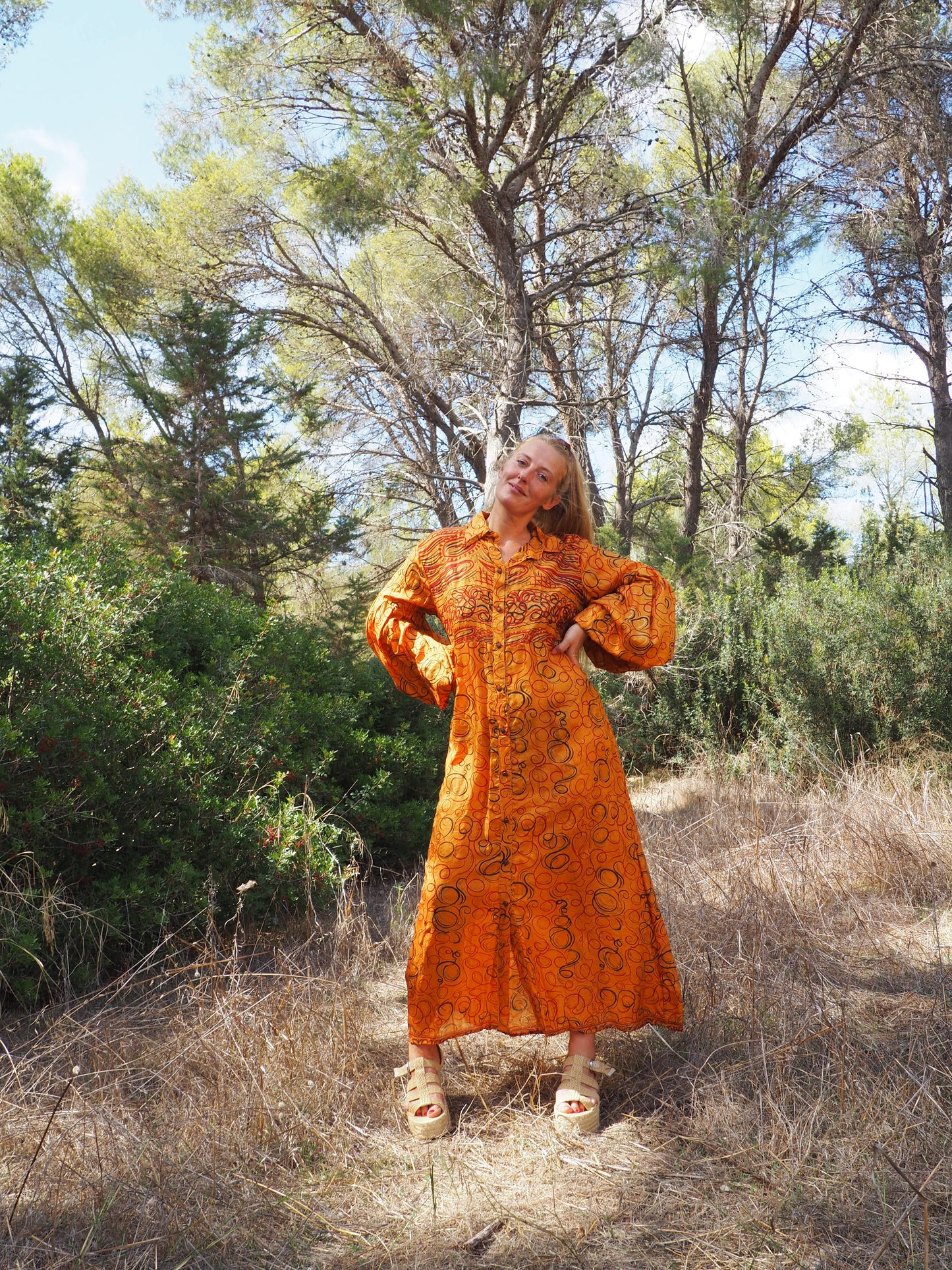 Vintage Indian sari dress with oversized sleeves up-cycled by Vagabond Ibiza