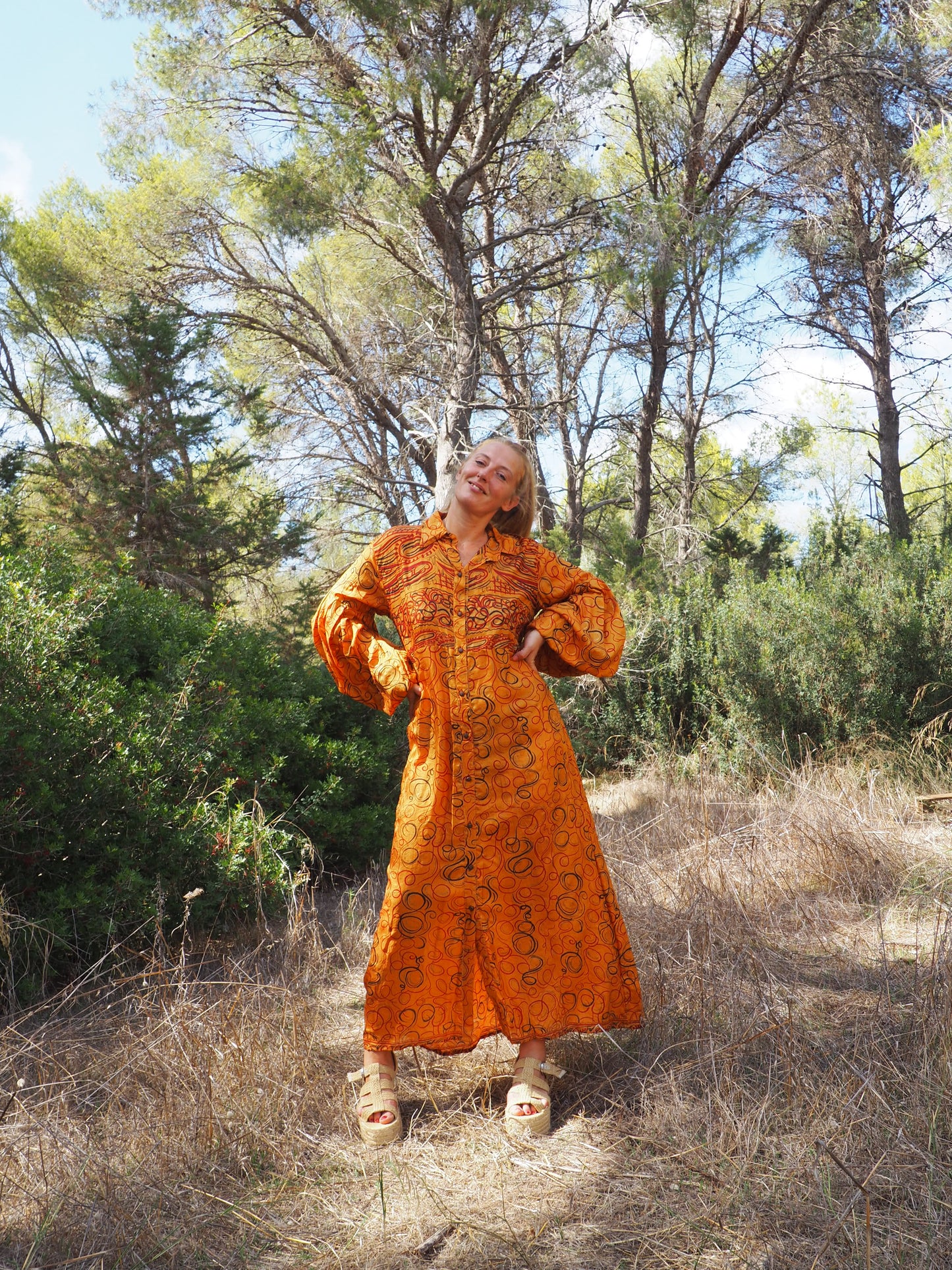 Vintage Indian sari dress with oversized sleeves up-cycled by Vagabond Ibiza