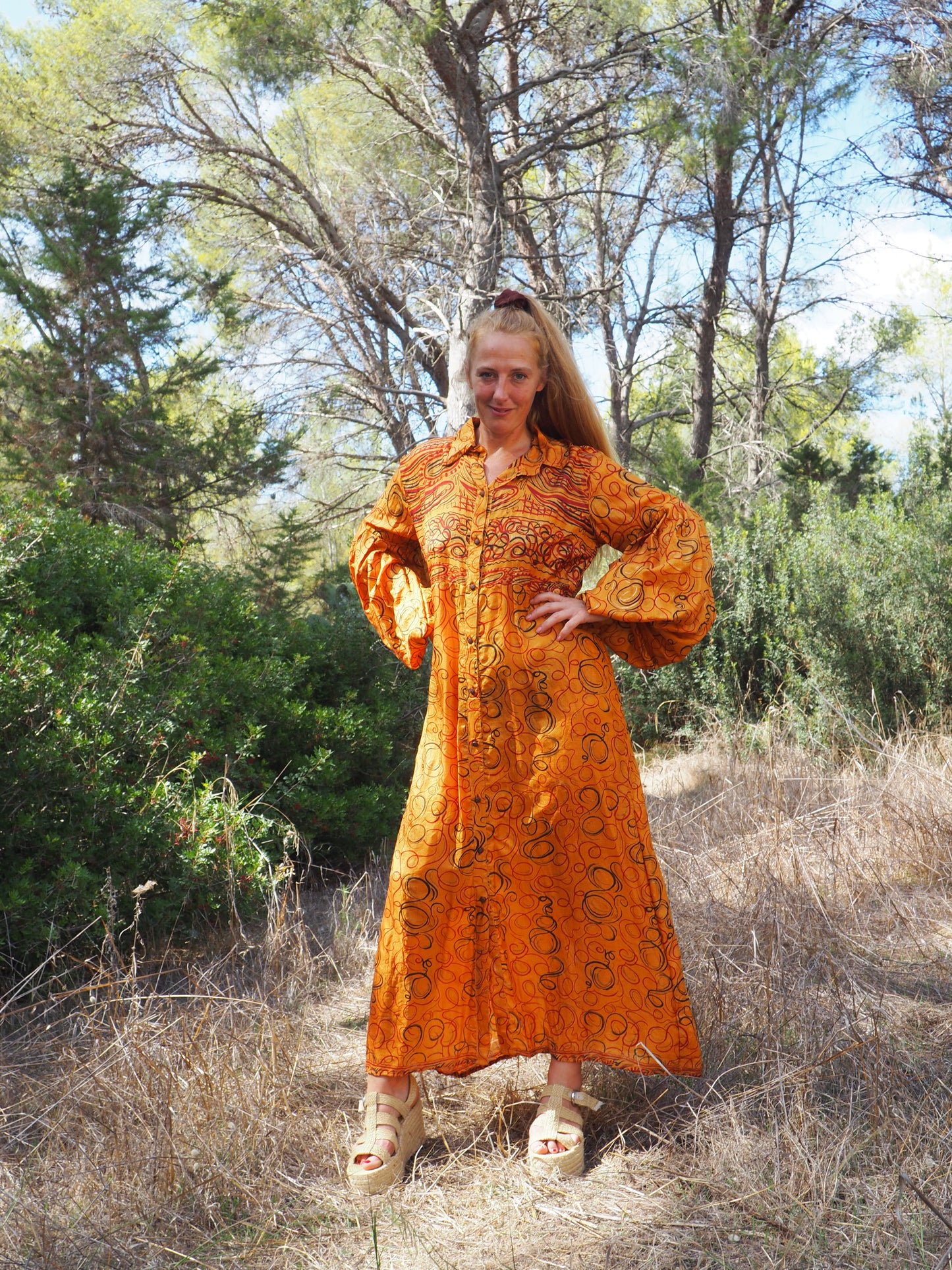 Vintage Indian sari dress with oversized sleeves up-cycled by Vagabond Ibiza