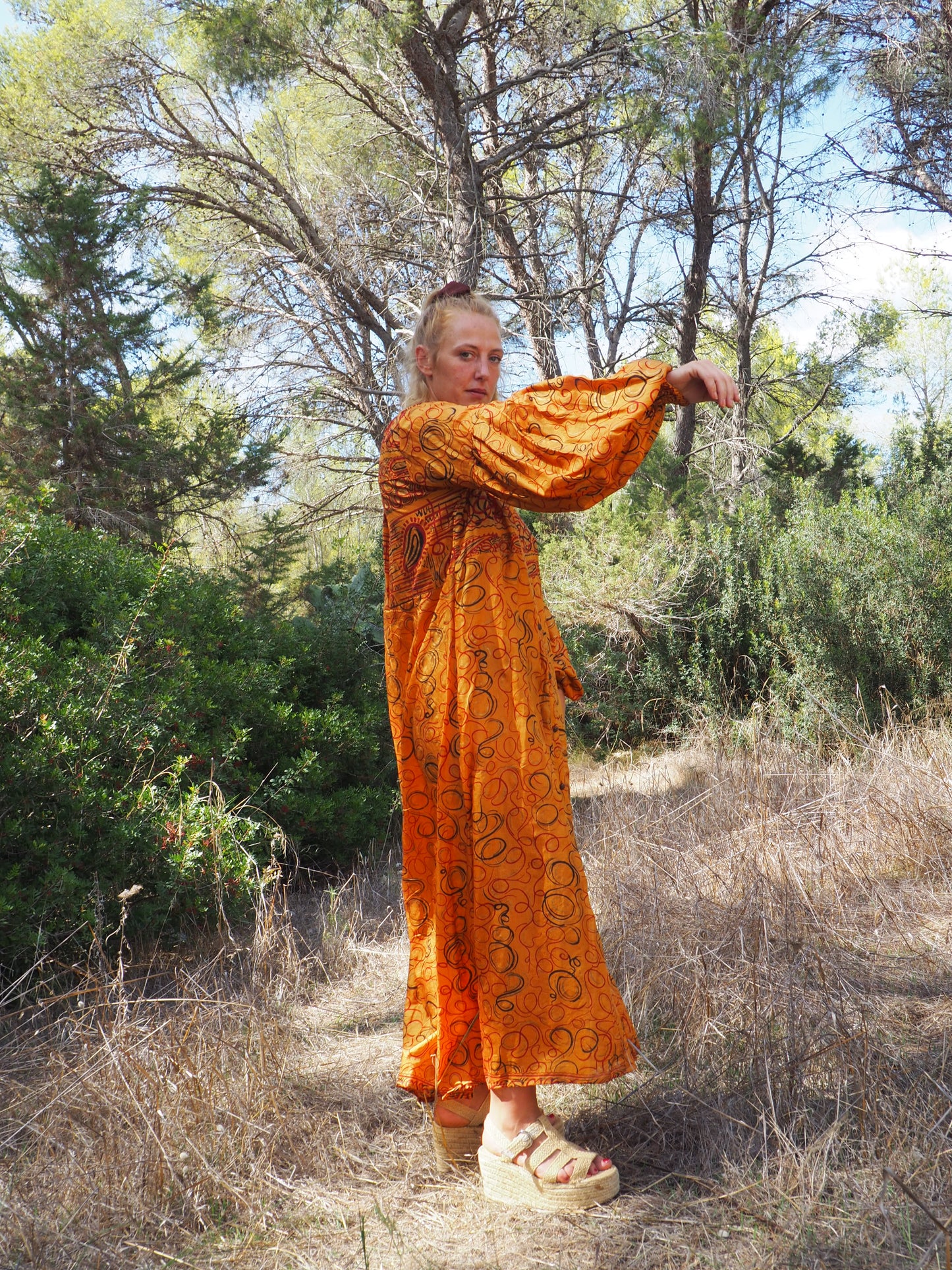 Vintage Indian sari dress with oversized sleeves up-cycled by Vagabond Ibiza