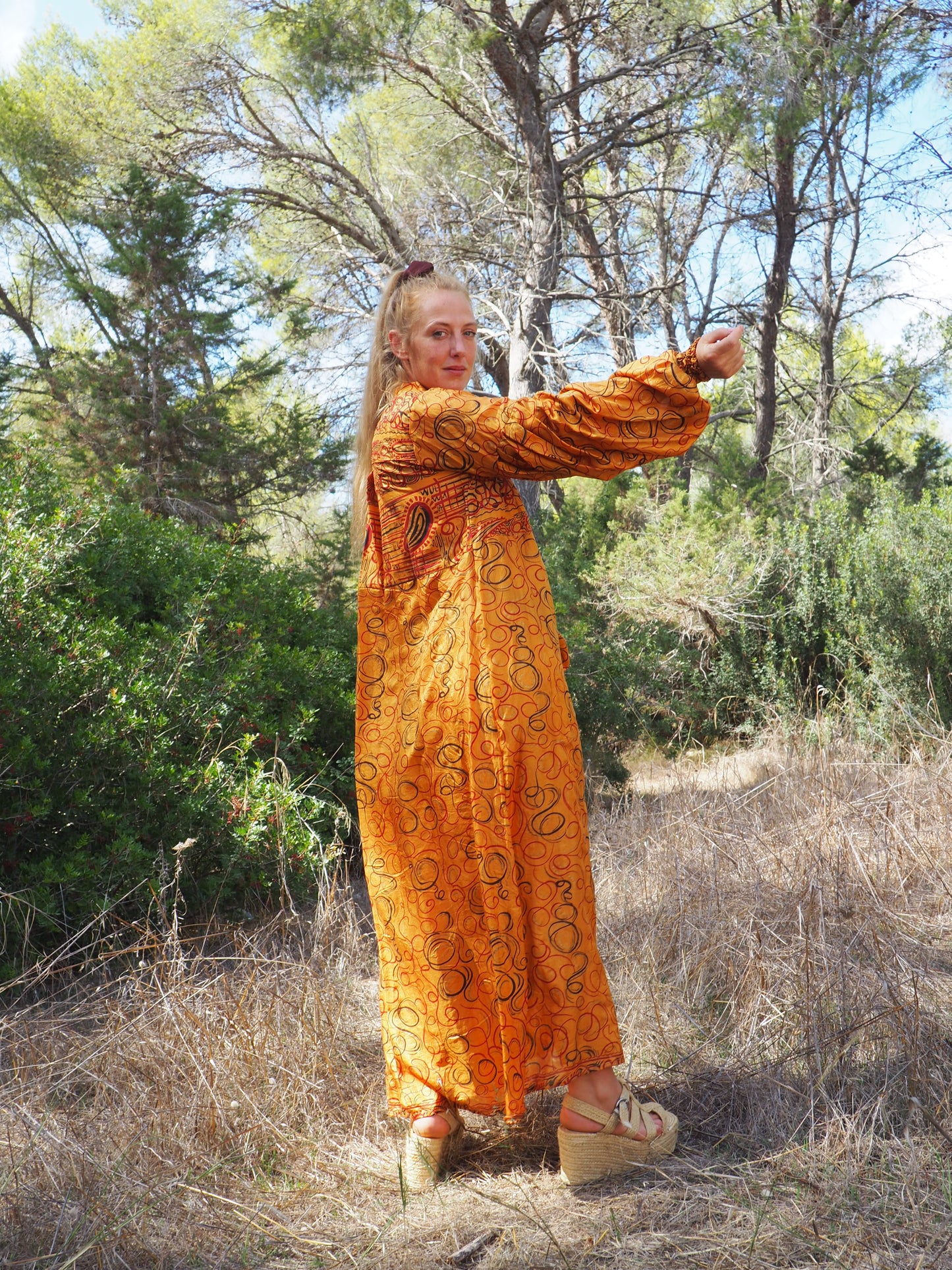 Vintage Indian sari dress with oversized sleeves up-cycled by Vagabond Ibiza